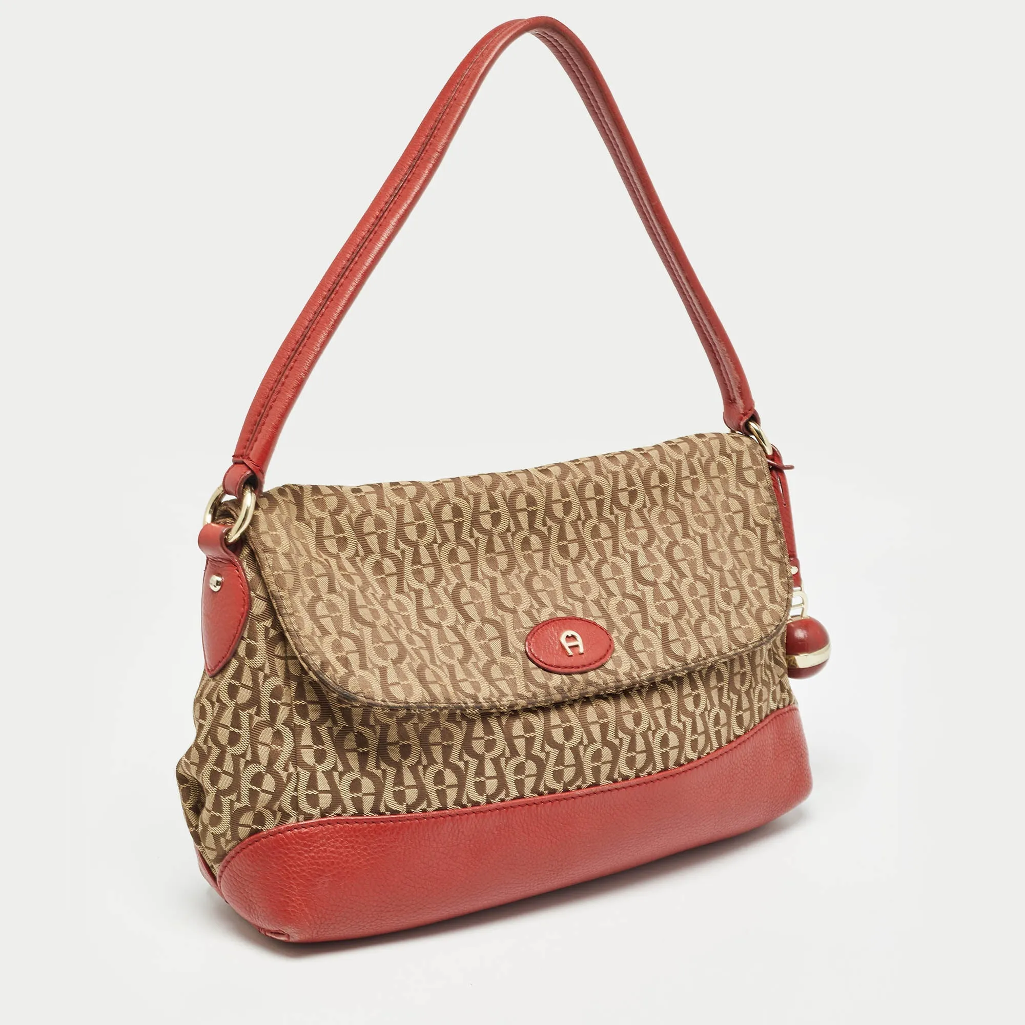 AIGNER Beige/Red Signature Canvas and Leather Logo Flap Shoulder Bag