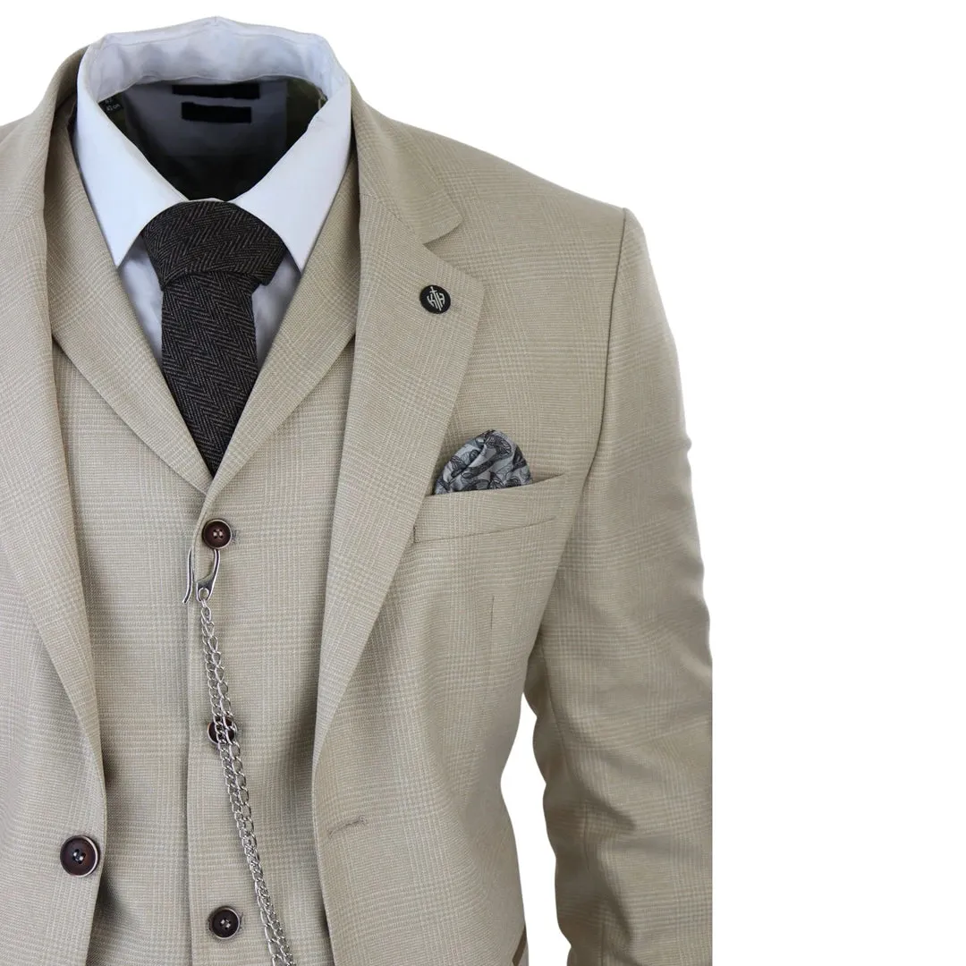 AK-08 - Men's 3 Piece Cream Prince Of Wales Check Suit