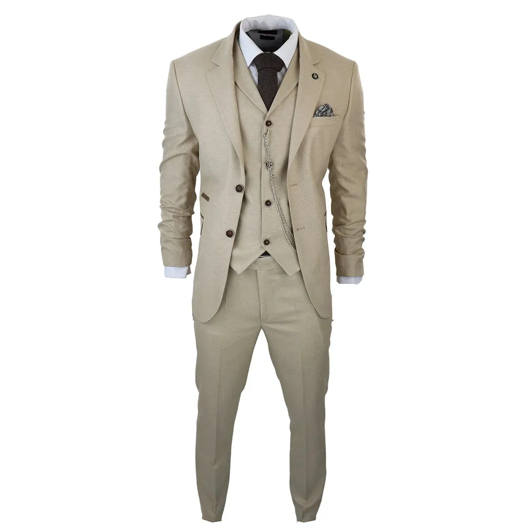 AK-08 - Men's 3 Piece Cream Prince Of Wales Check Suit