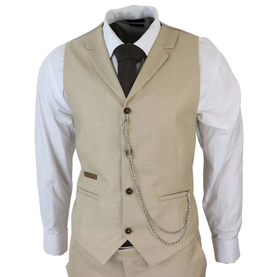 AK-08 - Men's 3 Piece Cream Prince Of Wales Check Suit