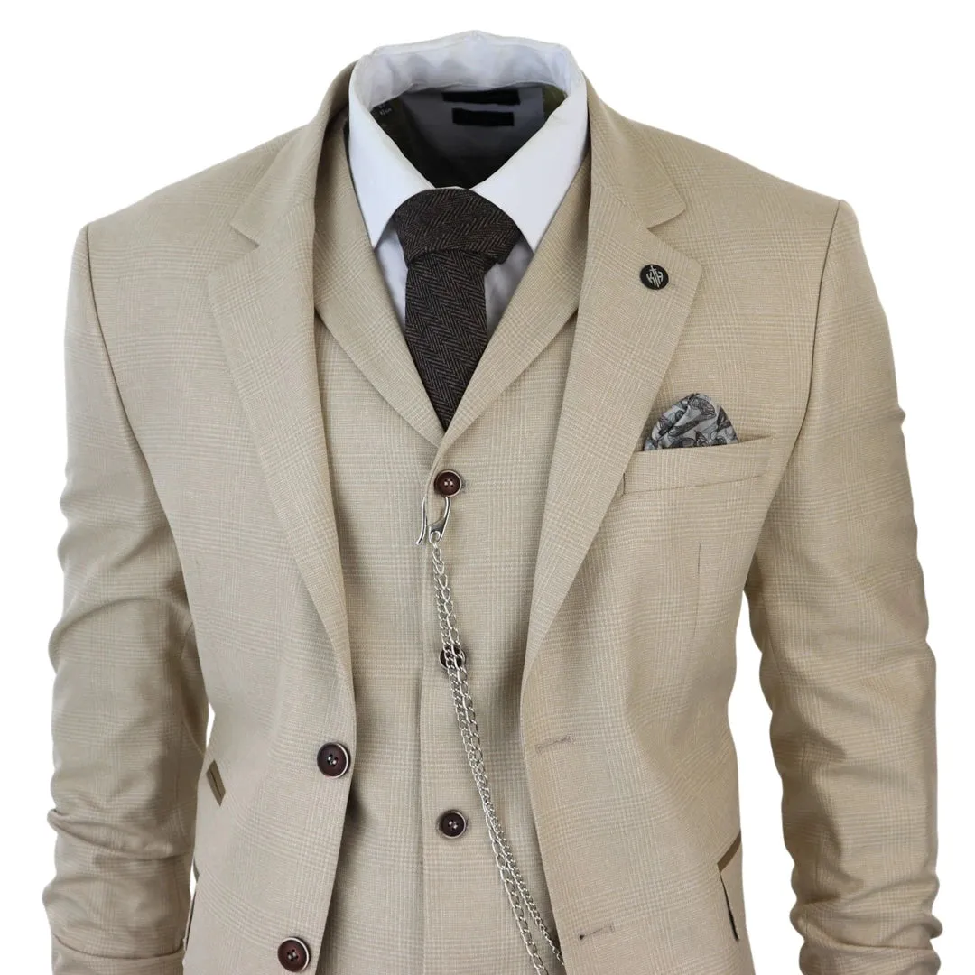 AK-08 - Men's 3 Piece Cream Prince Of Wales Check Suit