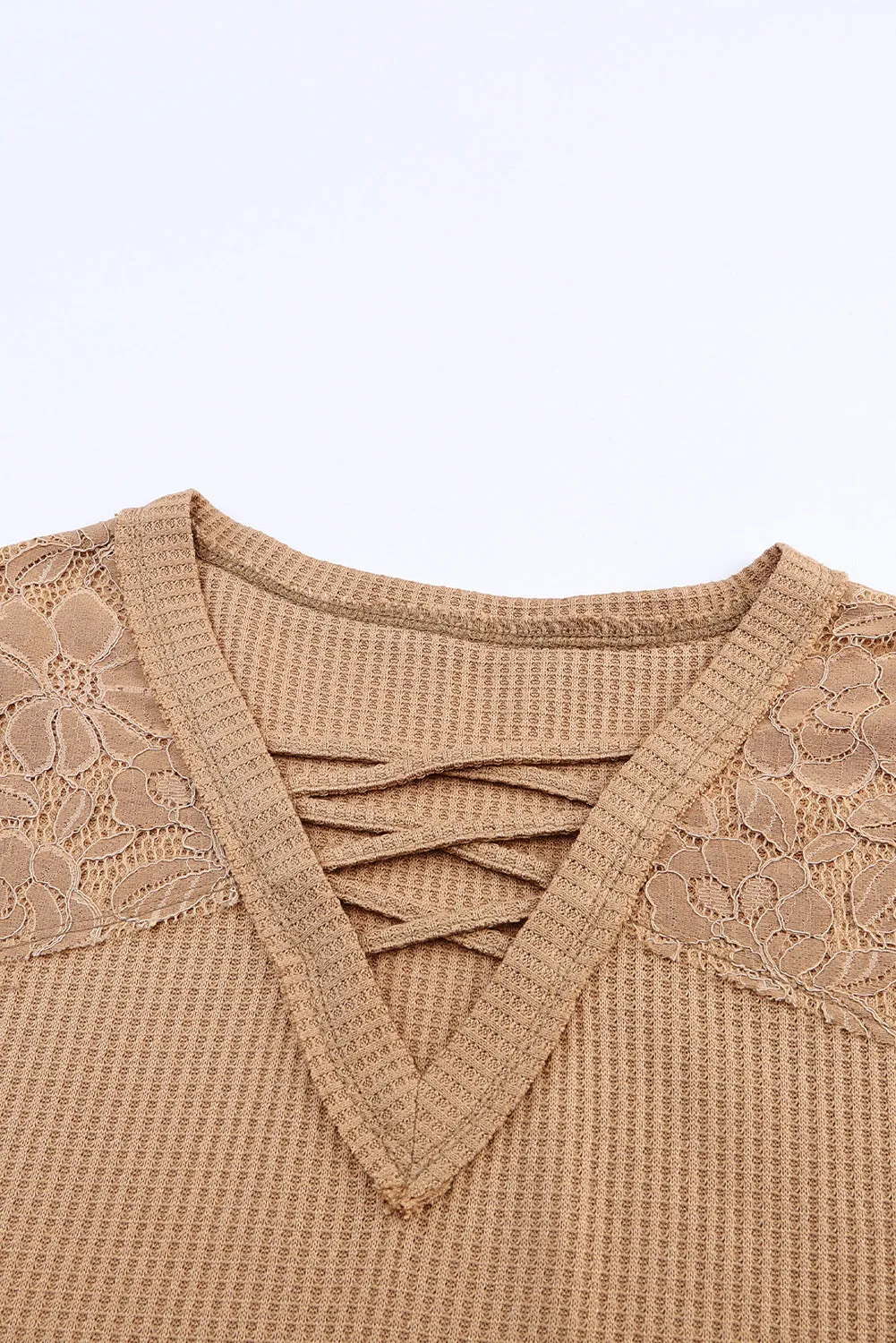 Apricot Lace Waffle Patchwork Strappy V Neck Long Sleeve Top