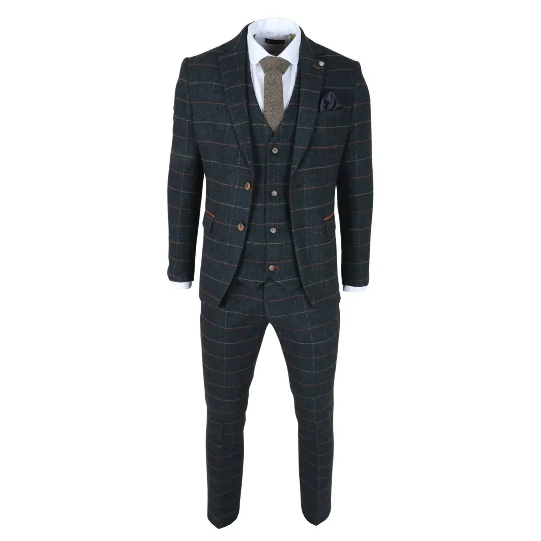 Archer - Men's Navy Checked Herringbone Tweed 3 Piece Suit