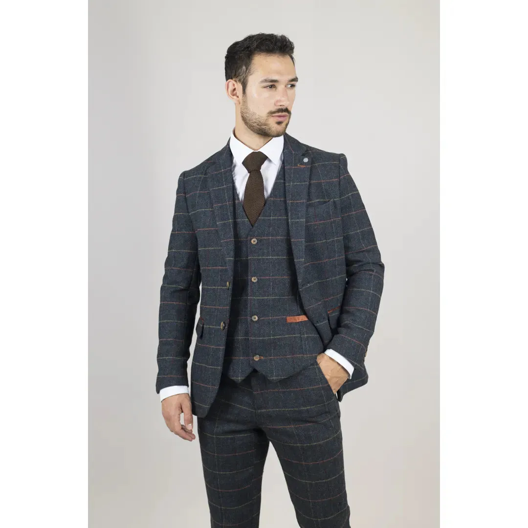 Archer - Men's Navy Checked Herringbone Tweed 3 Piece Suit