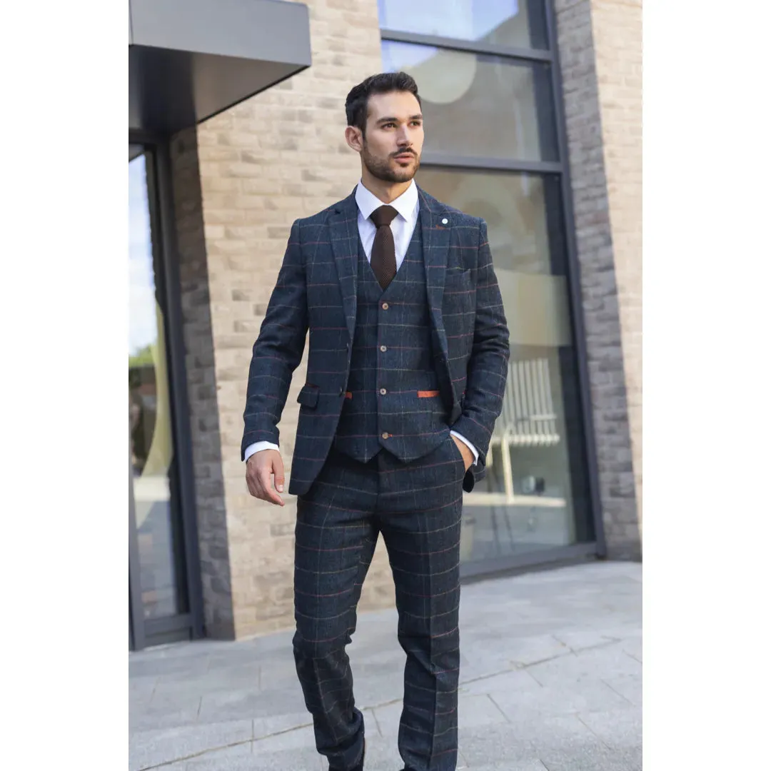 Archer - Men's Navy Checked Herringbone Tweed 3 Piece Suit