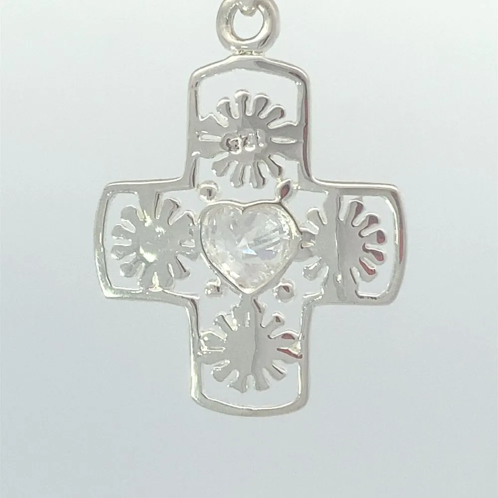 Aster Sunflower & Heart Cross 925 Sterling Silver Charm