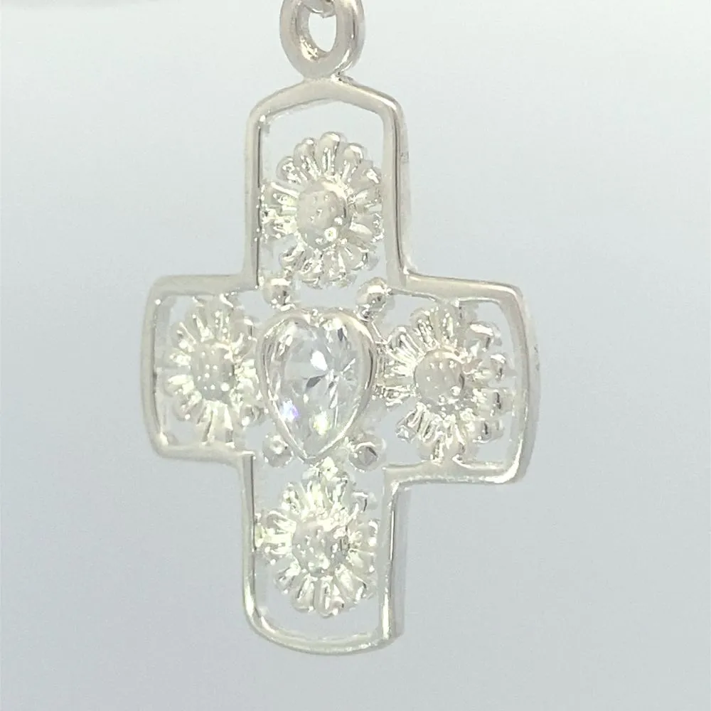 Aster Sunflower & Heart Cross 925 Sterling Silver Charm