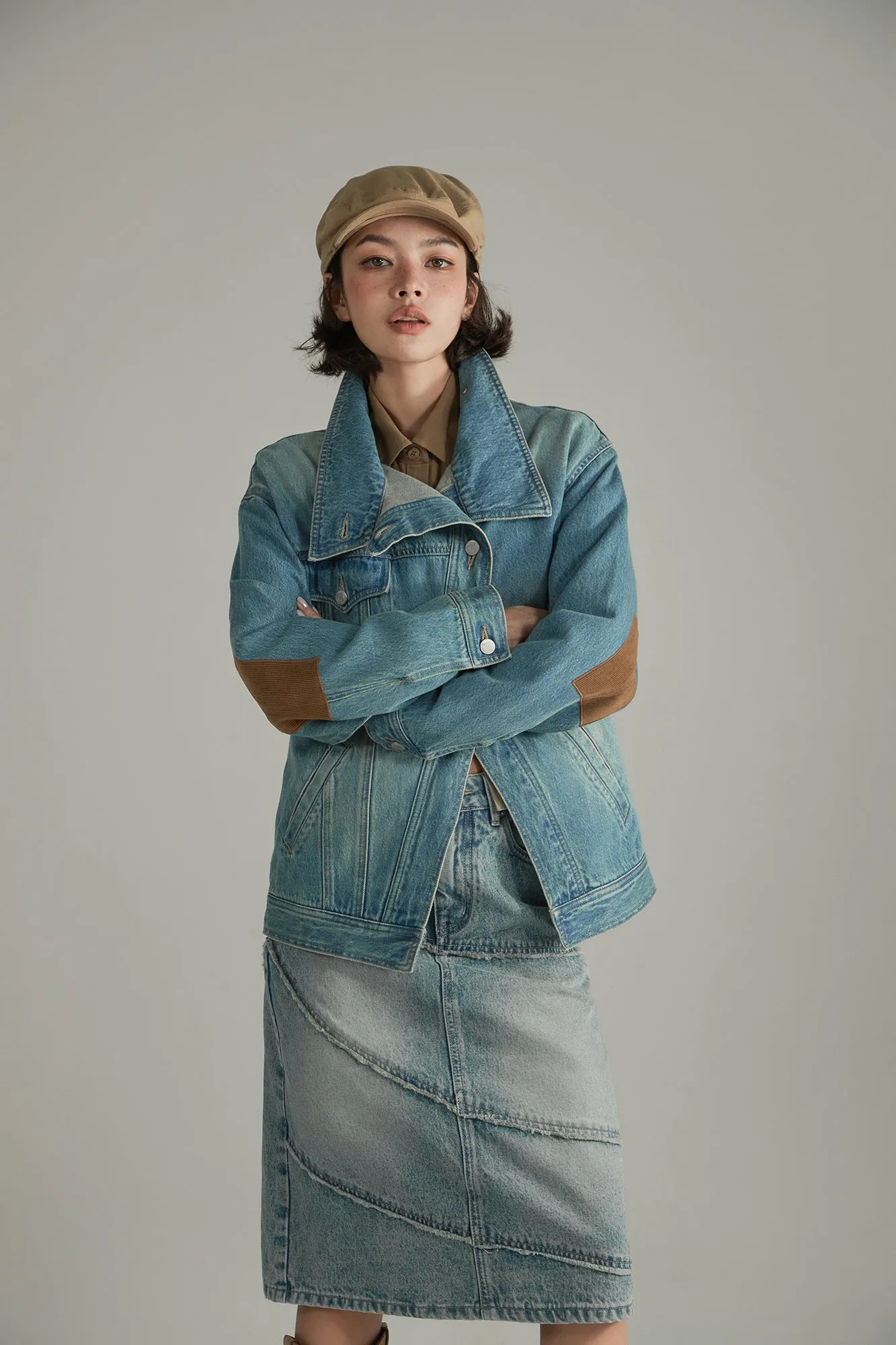 Asymmetrical High Neck Denim Jacket