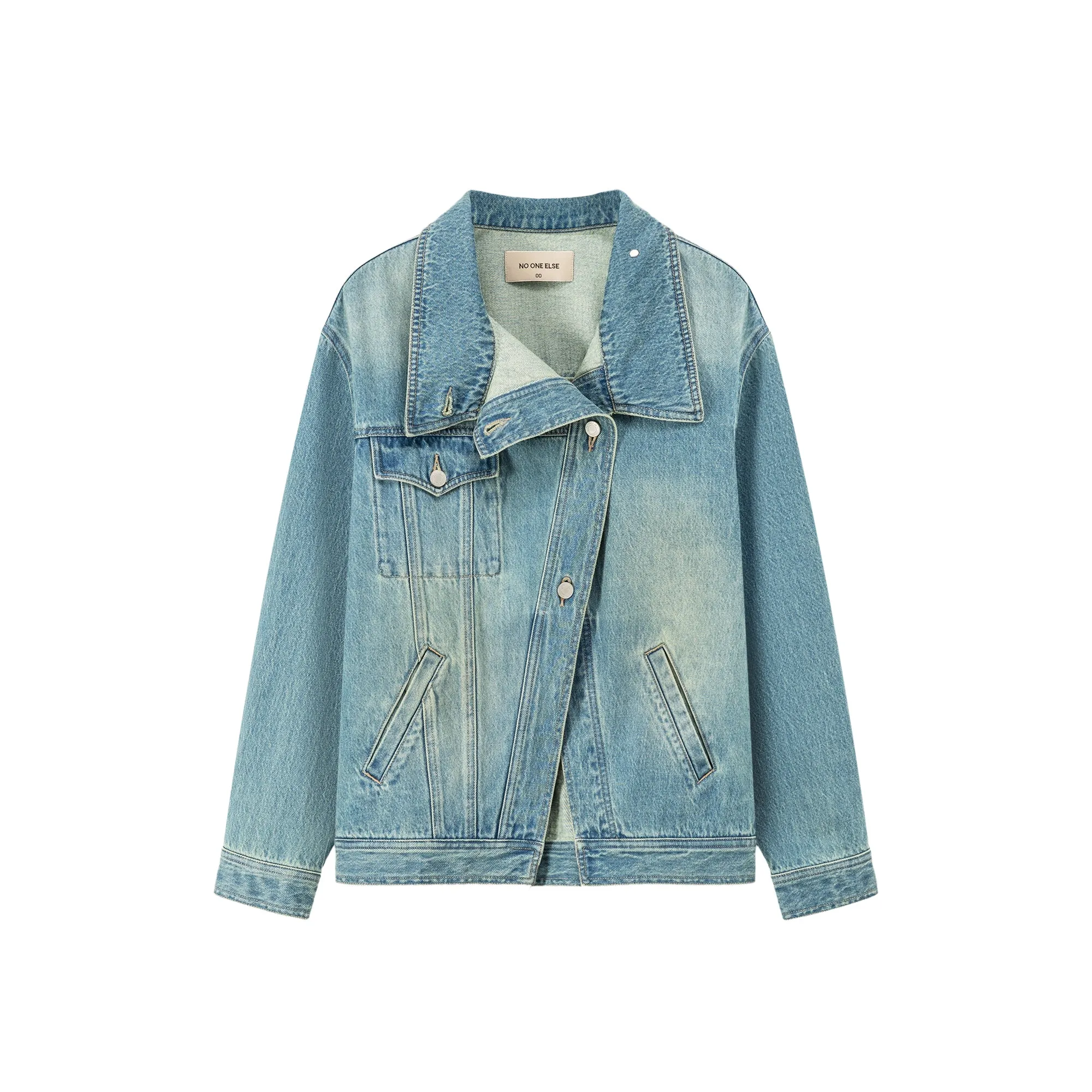 Asymmetrical High Neck Denim Jacket