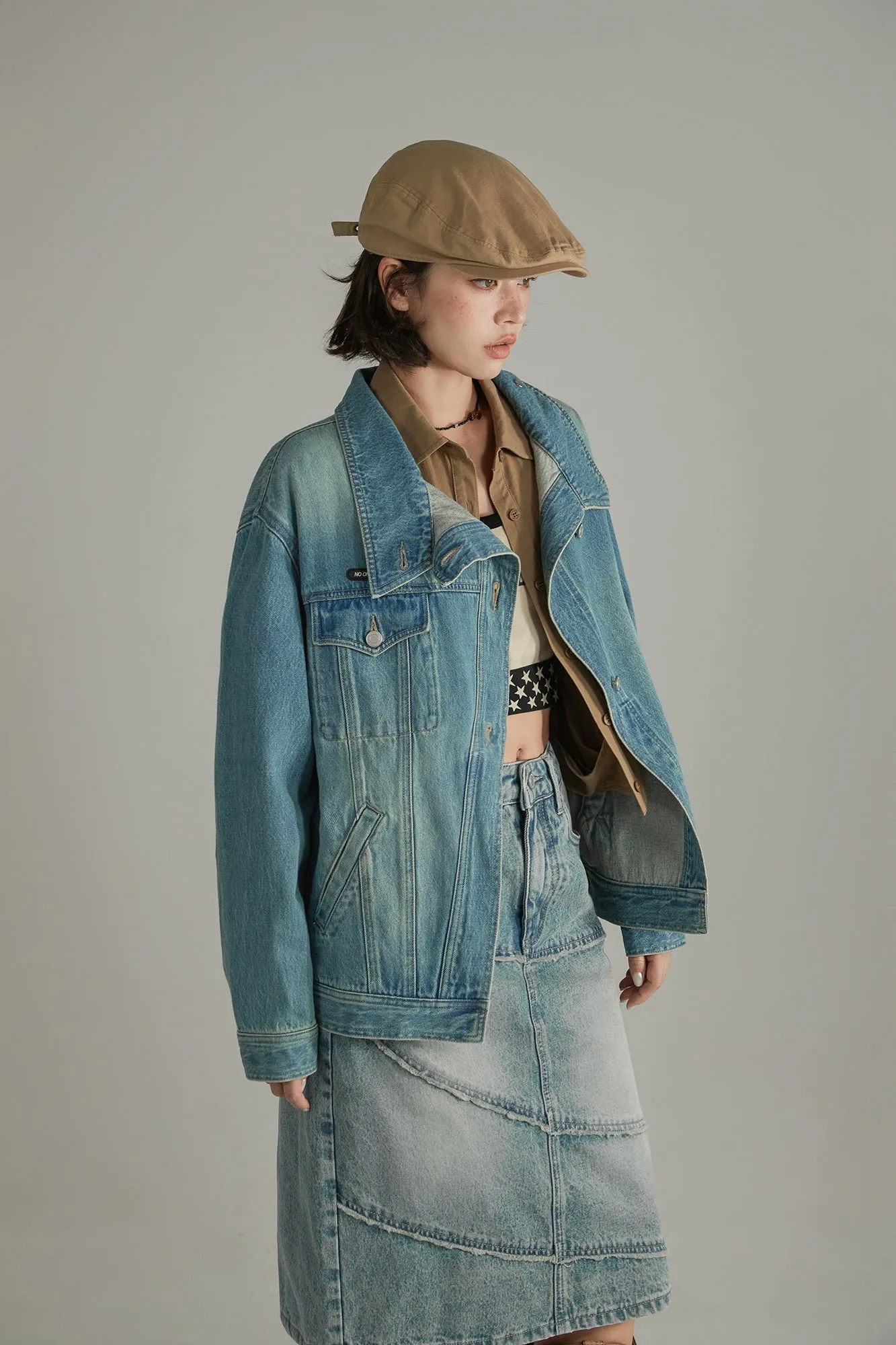 Asymmetrical High Neck Denim Jacket