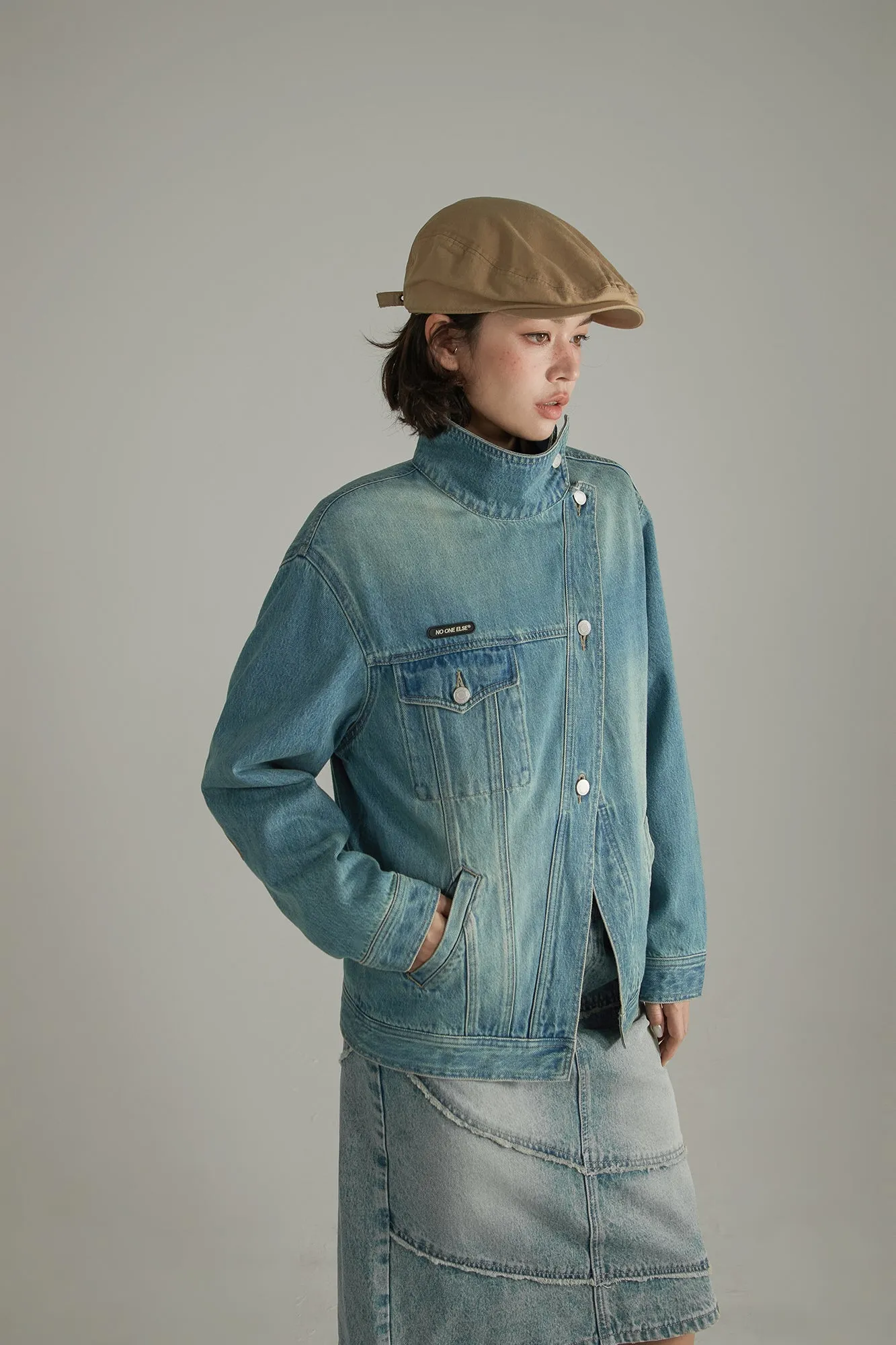 Asymmetrical High Neck Denim Jacket