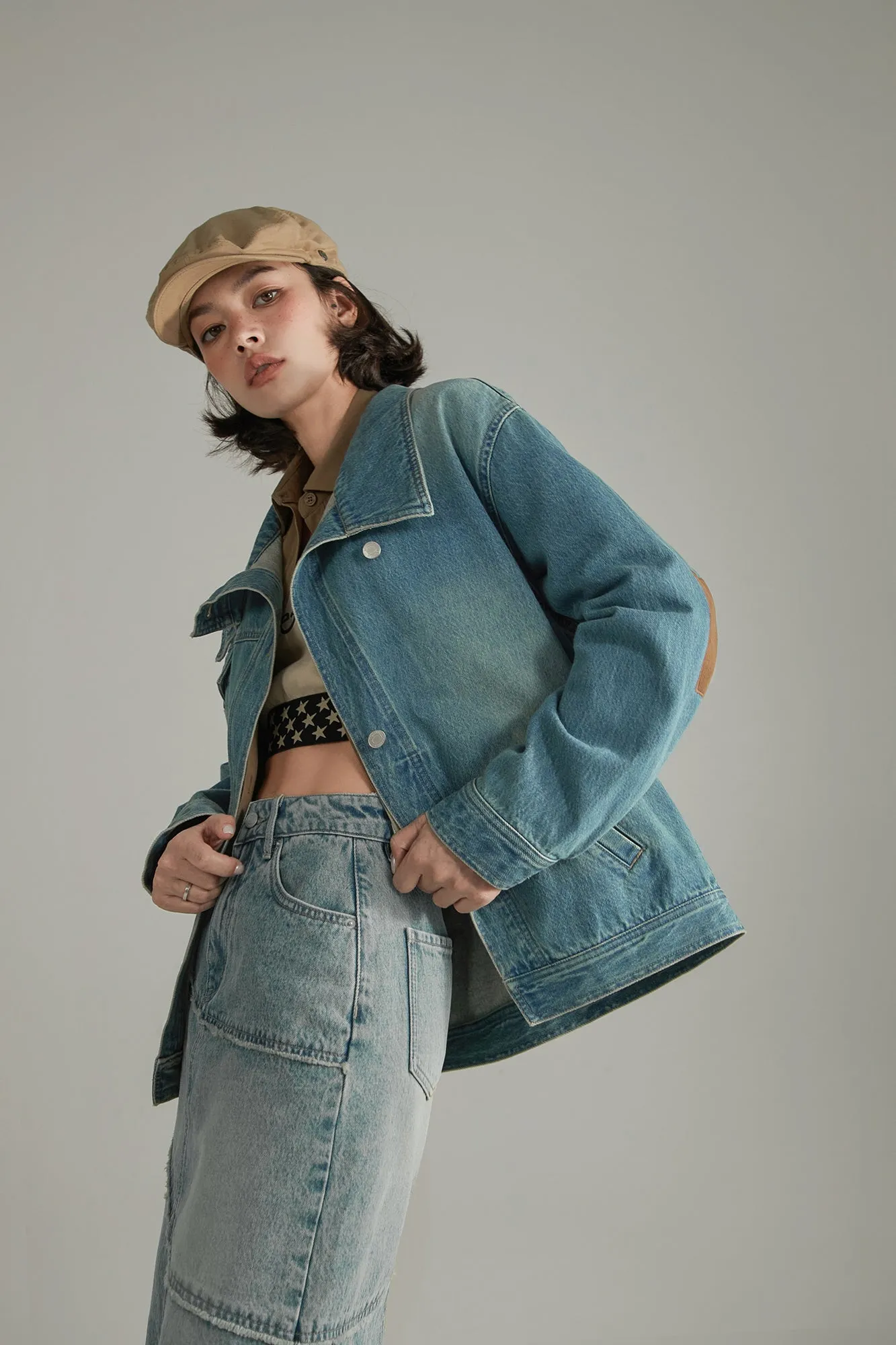 Asymmetrical High Neck Denim Jacket