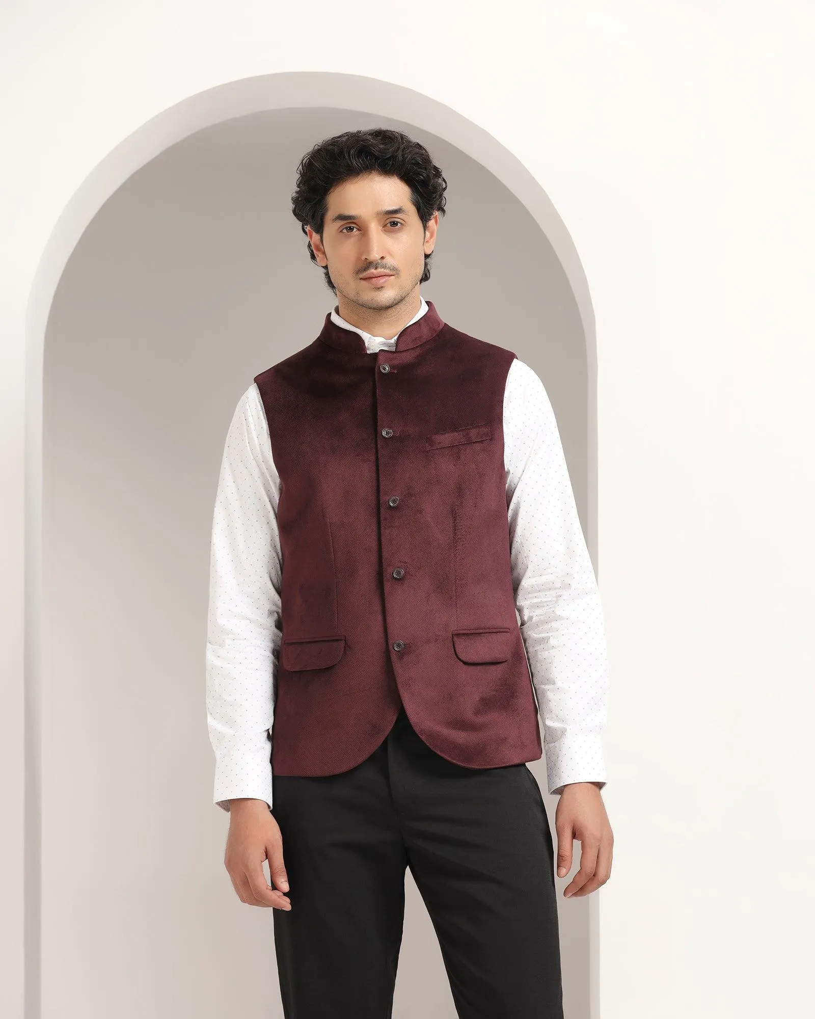 Bandhgala Formal Wine Textured Waistcoat - Kasban