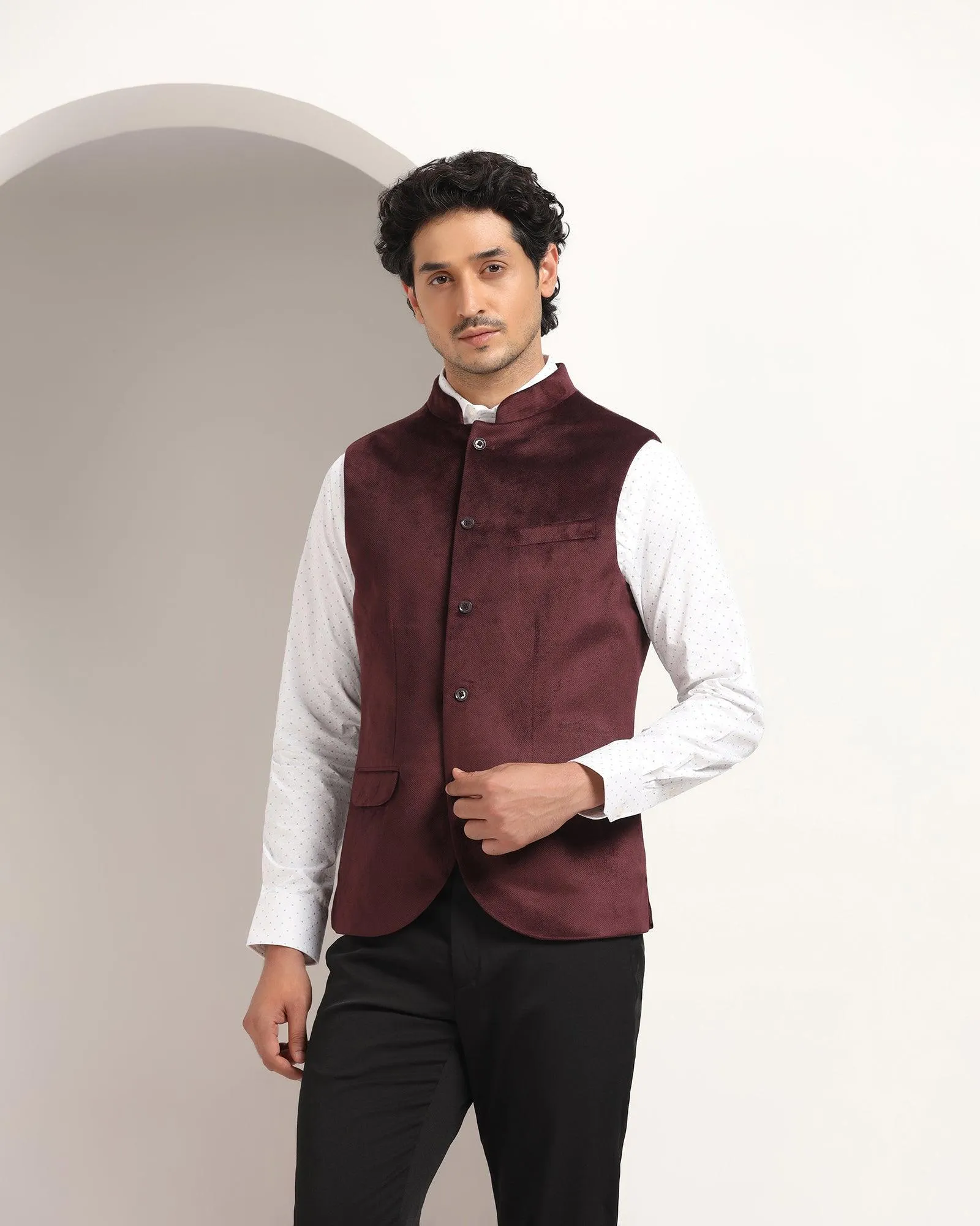 Bandhgala Formal Wine Textured Waistcoat - Kasban