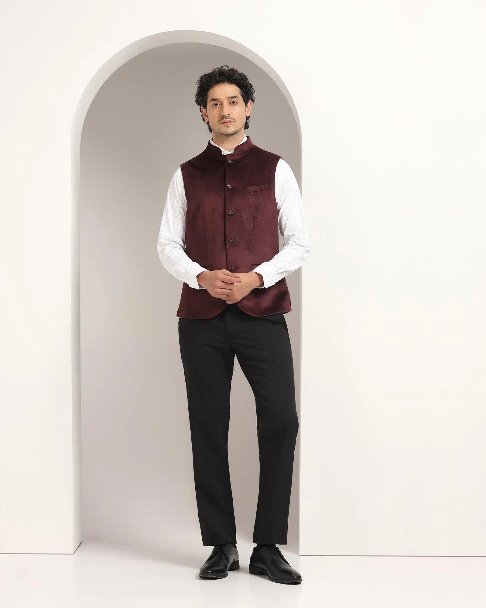 Bandhgala Formal Wine Textured Waistcoat - Kasban