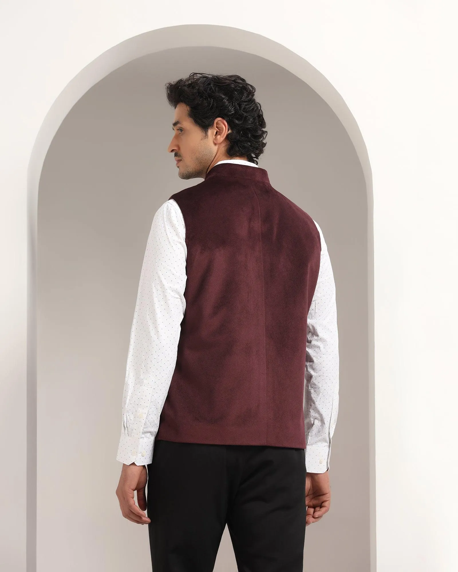 Bandhgala Formal Wine Textured Waistcoat - Kasban