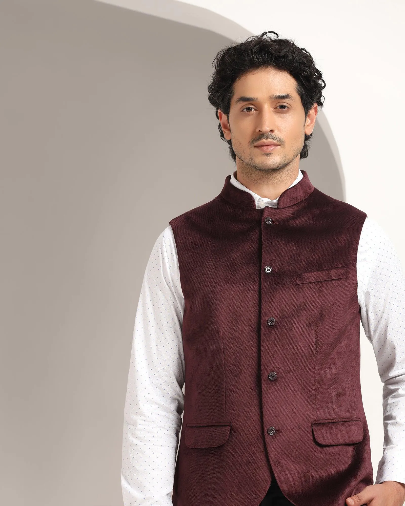 Bandhgala Formal Wine Textured Waistcoat - Kasban