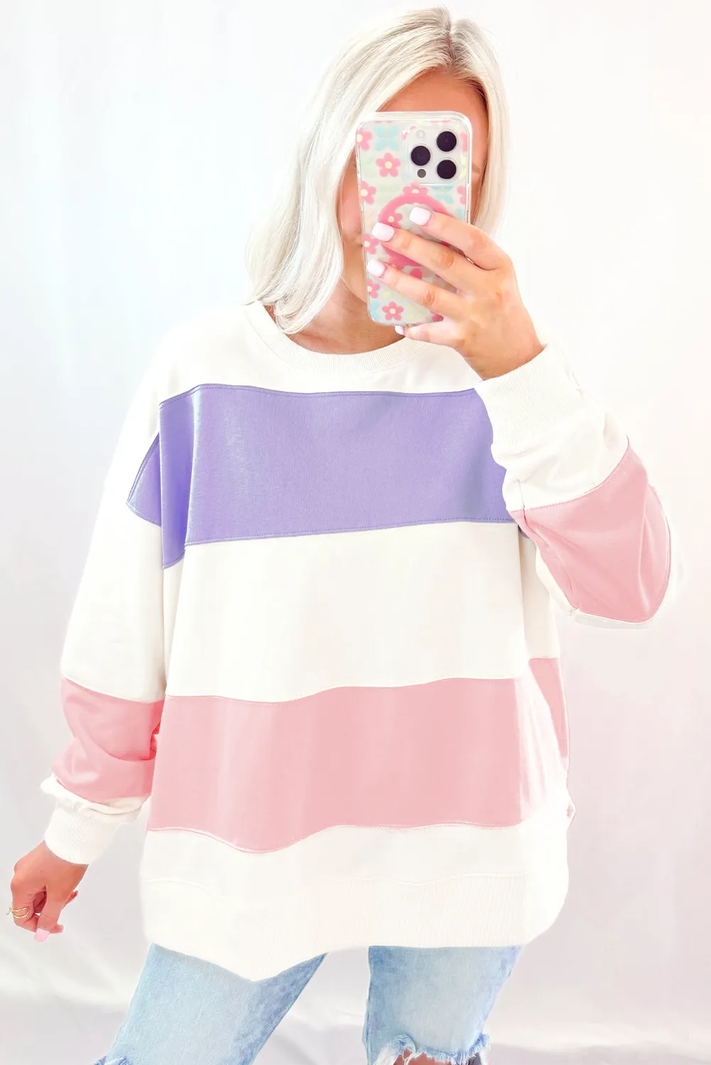 Beige Colorblock Patchwork Drop Shoulder Crewneck Sweatshirt