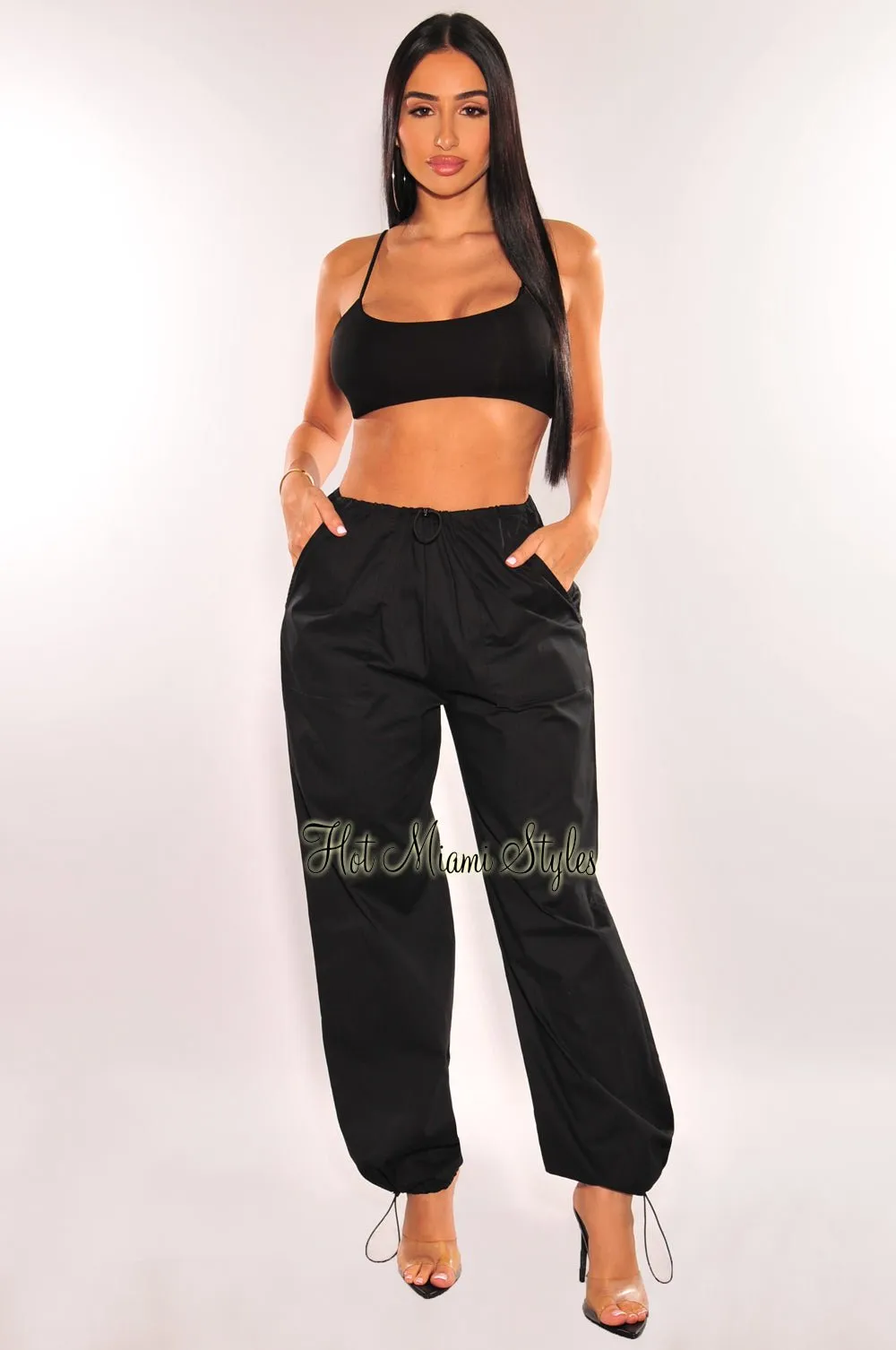 Black Crop Top Parachute Palazzo Pants Two Piece Set