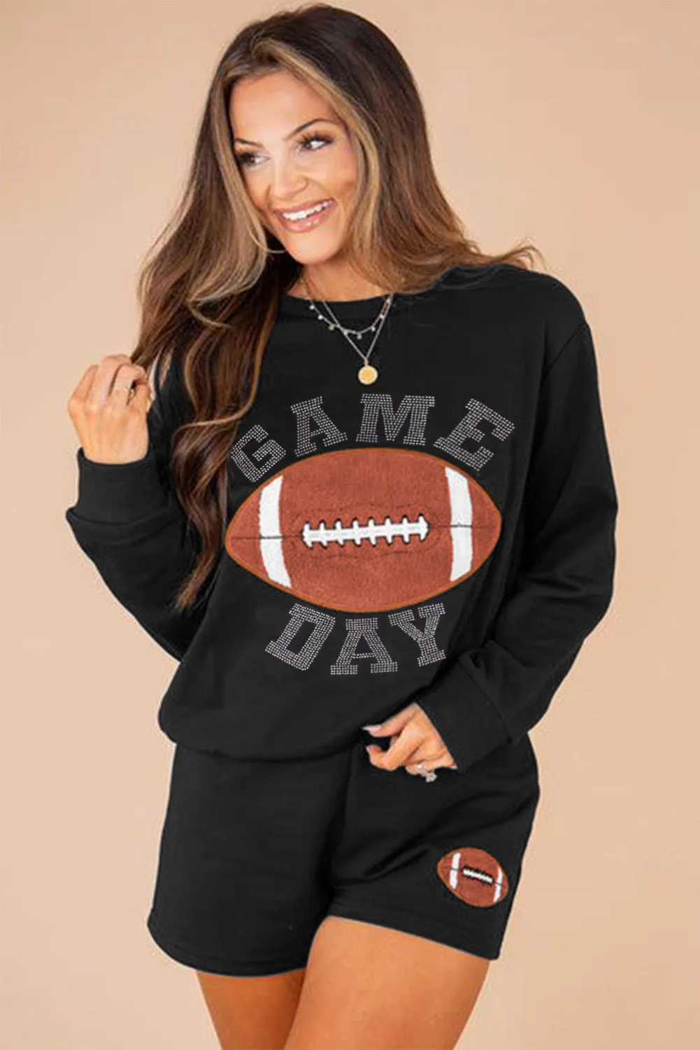 Black GAME DAY Rugby Football Graphic Pullover and Shorts Casual Outfit