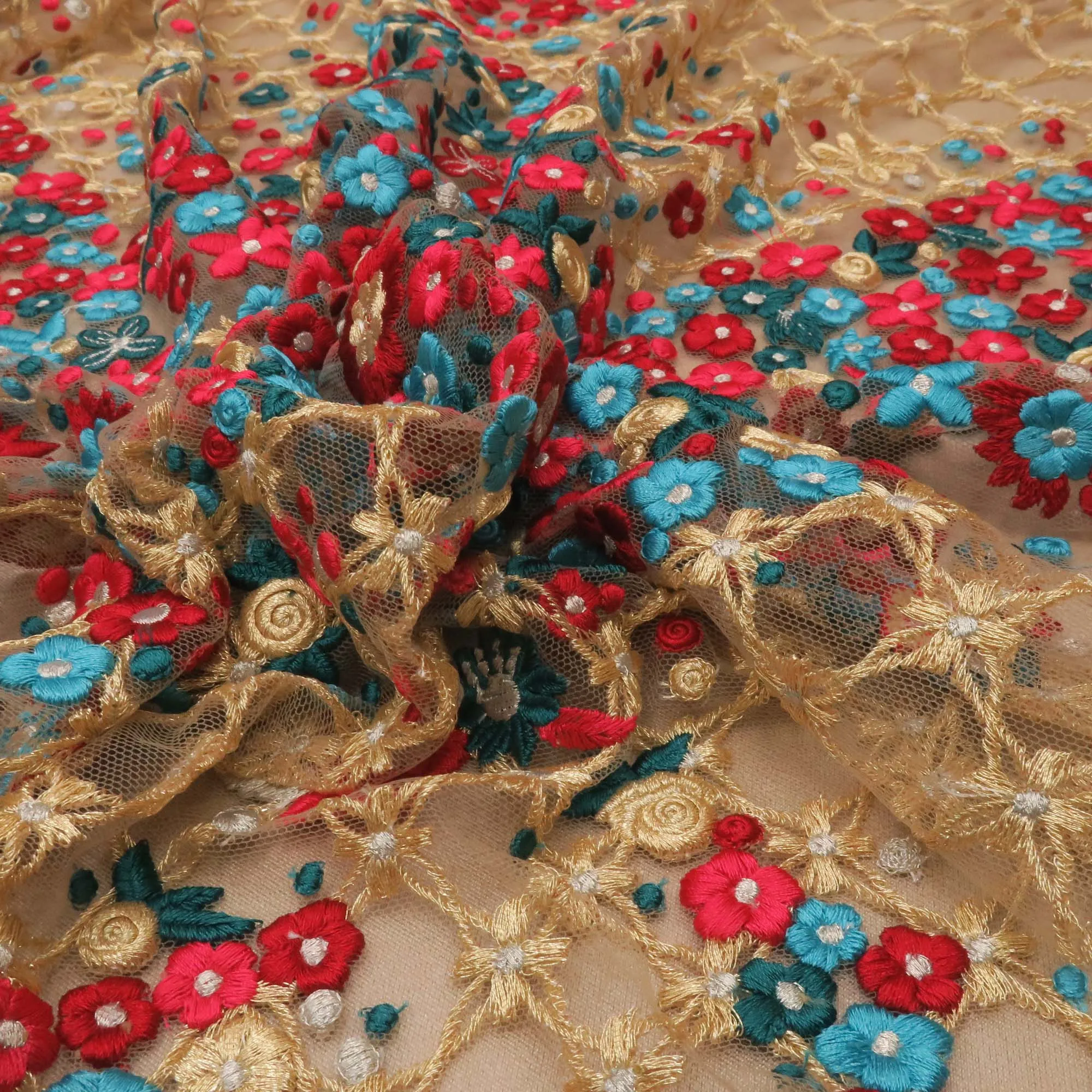 Blue and Red Floral on Nude Embroidered Tulle Fabric