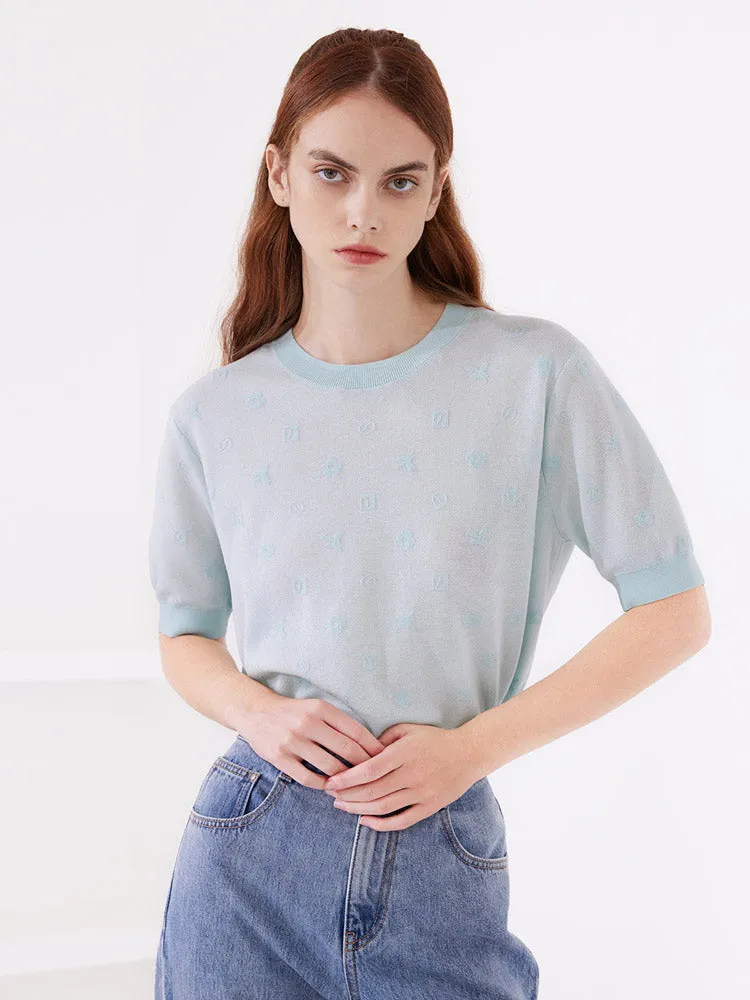 Blue Round Neck Jacquard Sweater