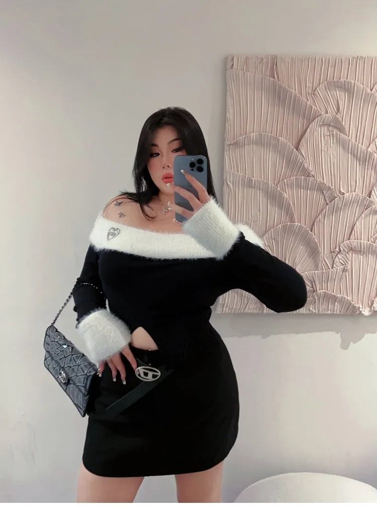 BONBON Solid Color Black Patchwork Fluff Off The Shoulder Top