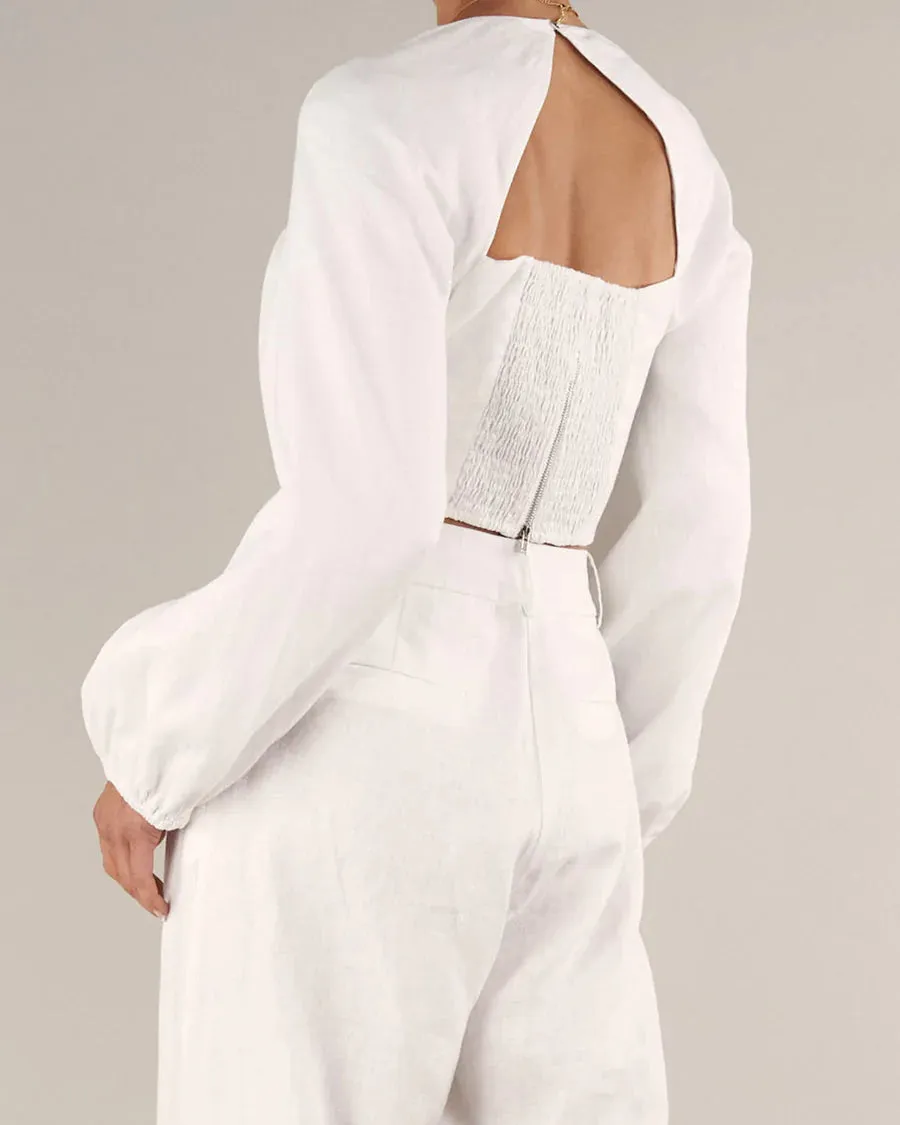 Bridgette Linen Crop Top (White)