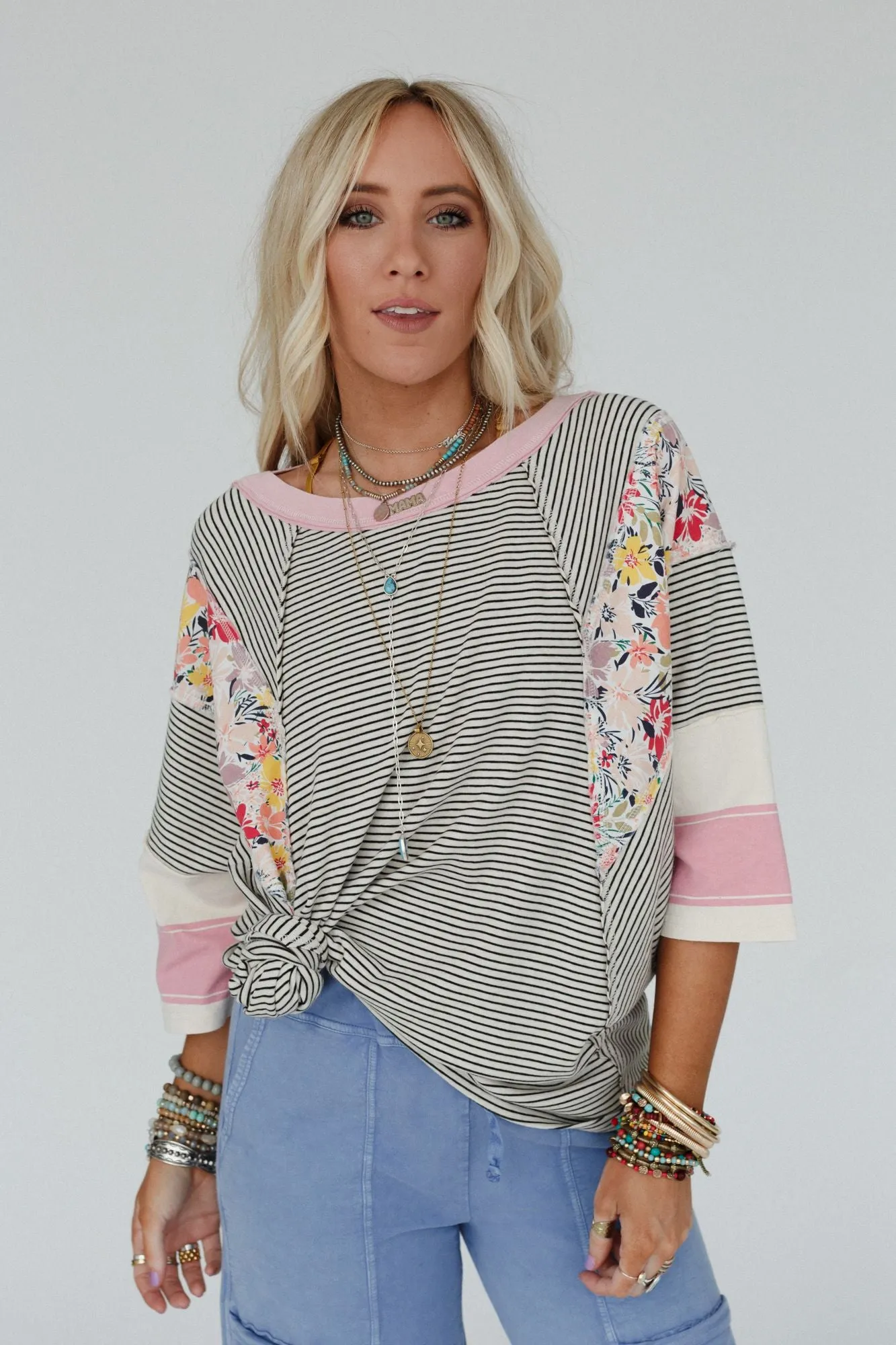 Britt Patchwork Floral Print Top - Oat