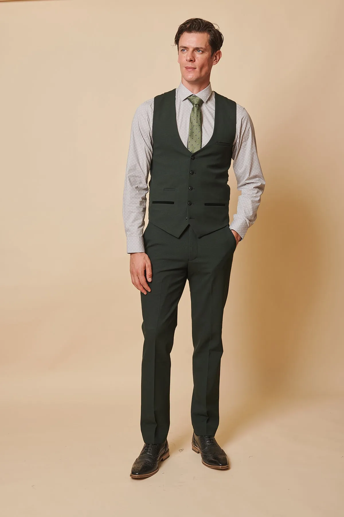 BROMLEY - Olive Green Check Three Piece Suit