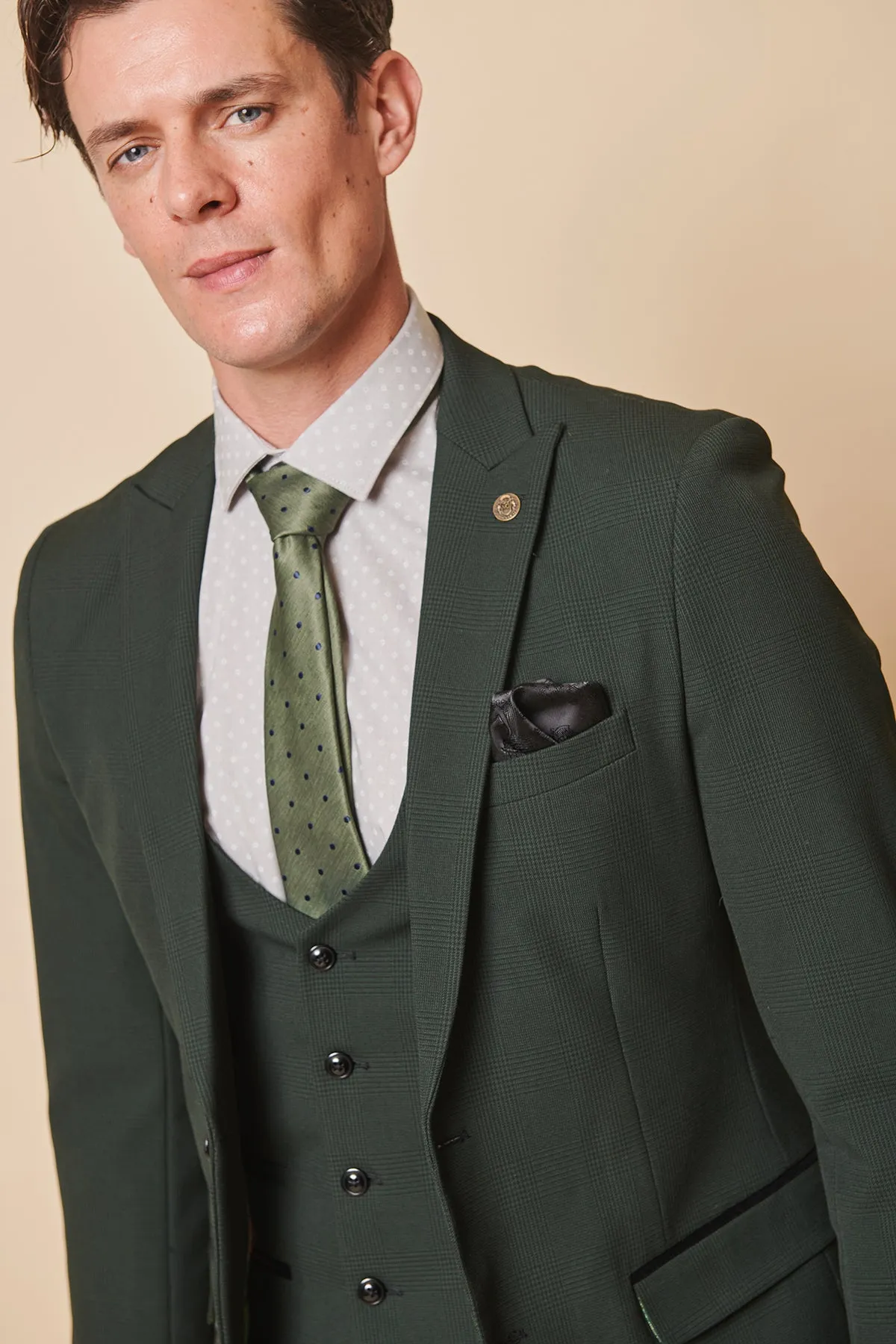 BROMLEY - Olive Green Check Three Piece Suit