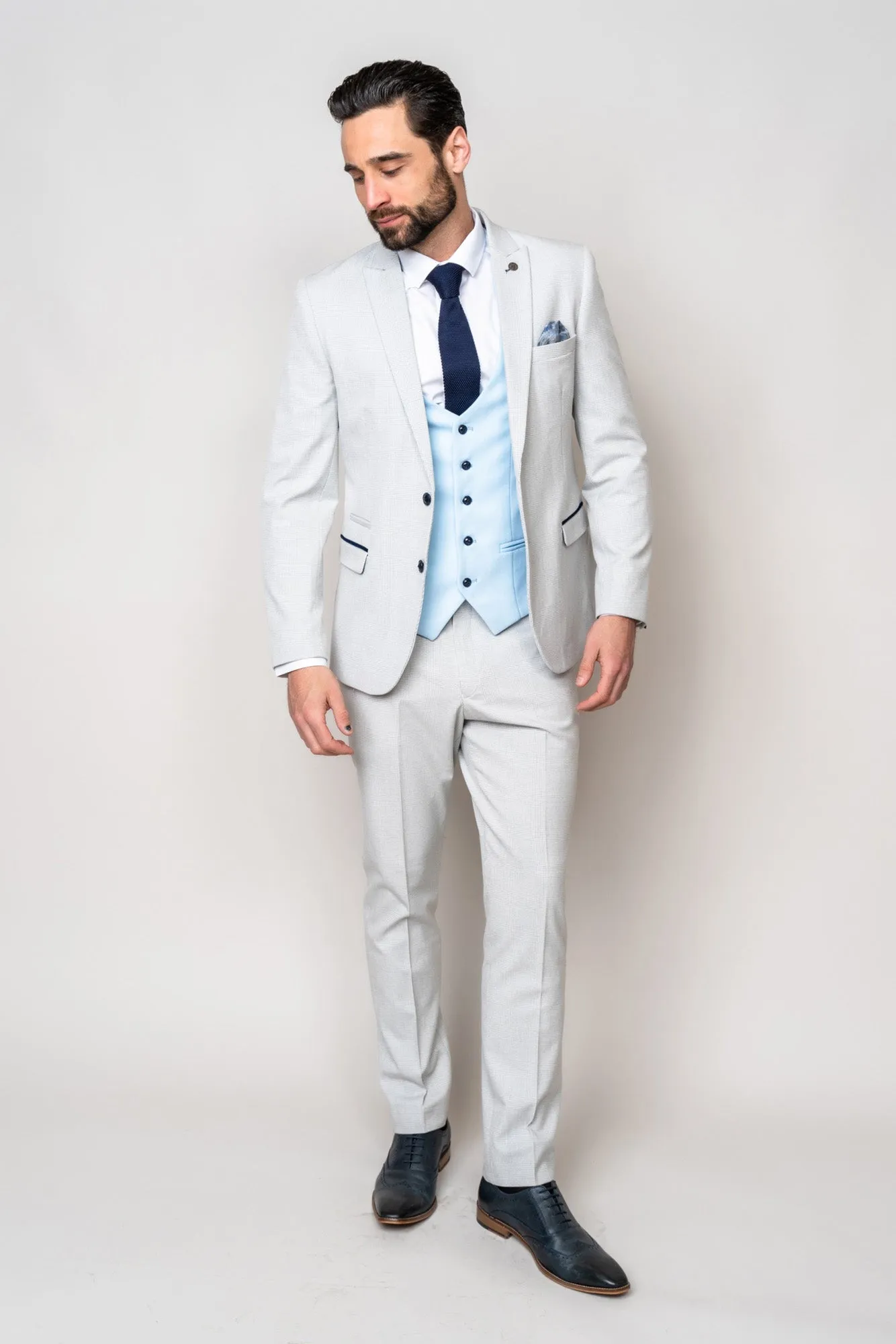 BROMLEY - Stone Check Suit with Kelvin Sky Waistcoat