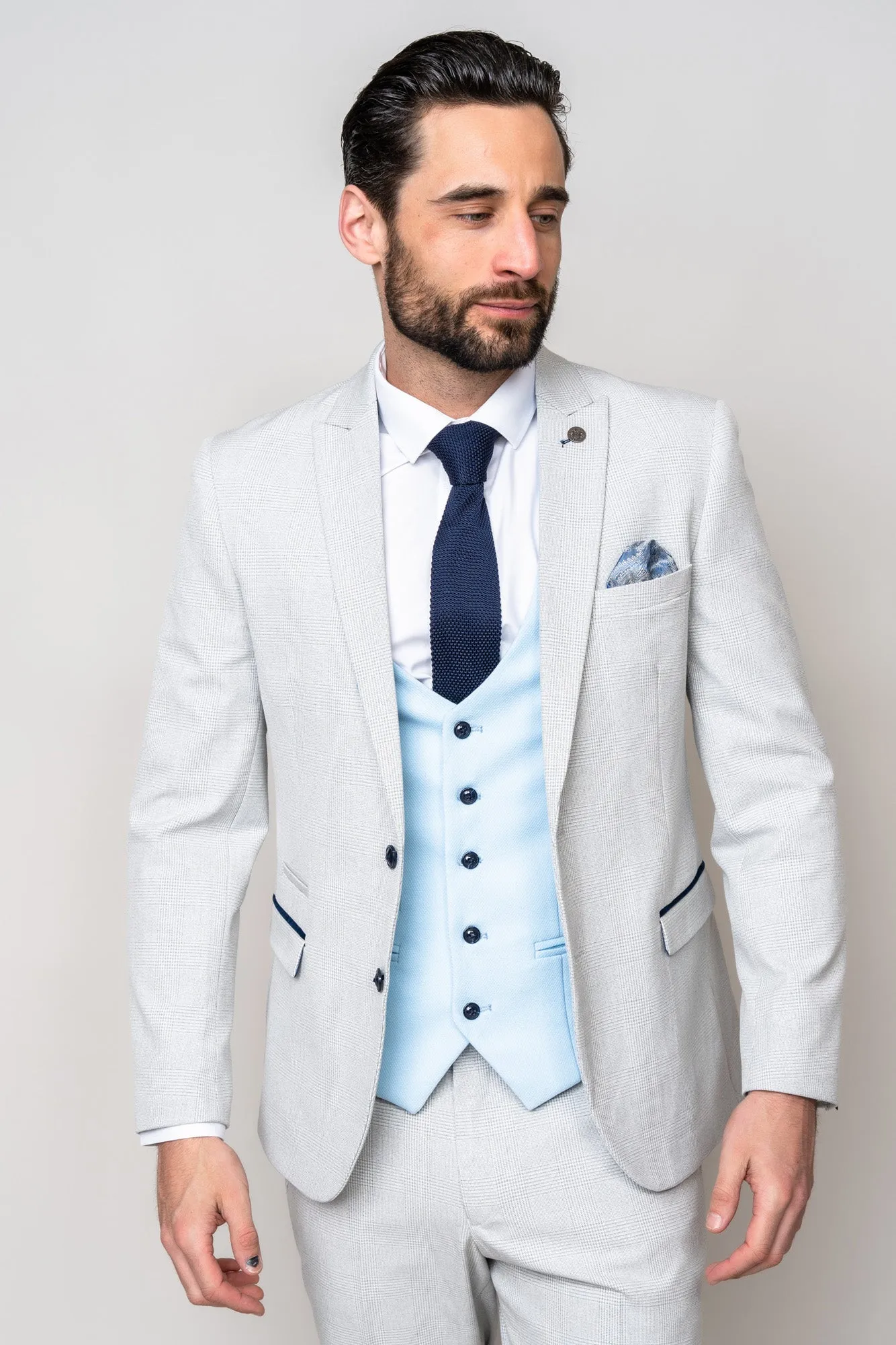 BROMLEY - Stone Check Suit with Kelvin Sky Waistcoat