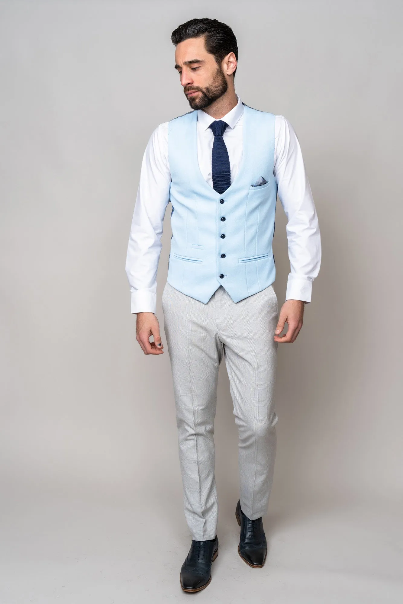 BROMLEY - Stone Check Suit with Kelvin Sky Waistcoat