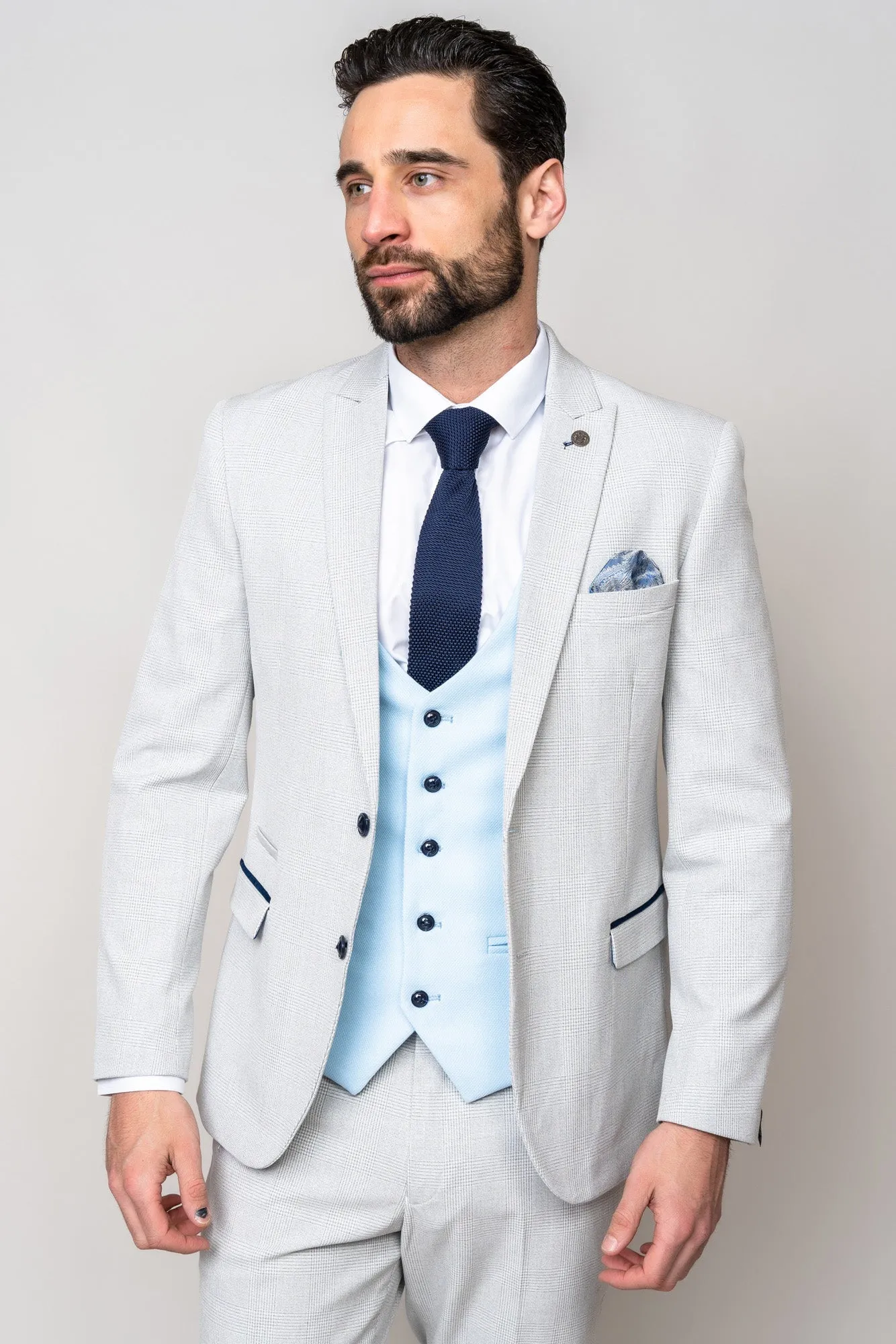 BROMLEY - Stone Check Suit with Kelvin Sky Waistcoat