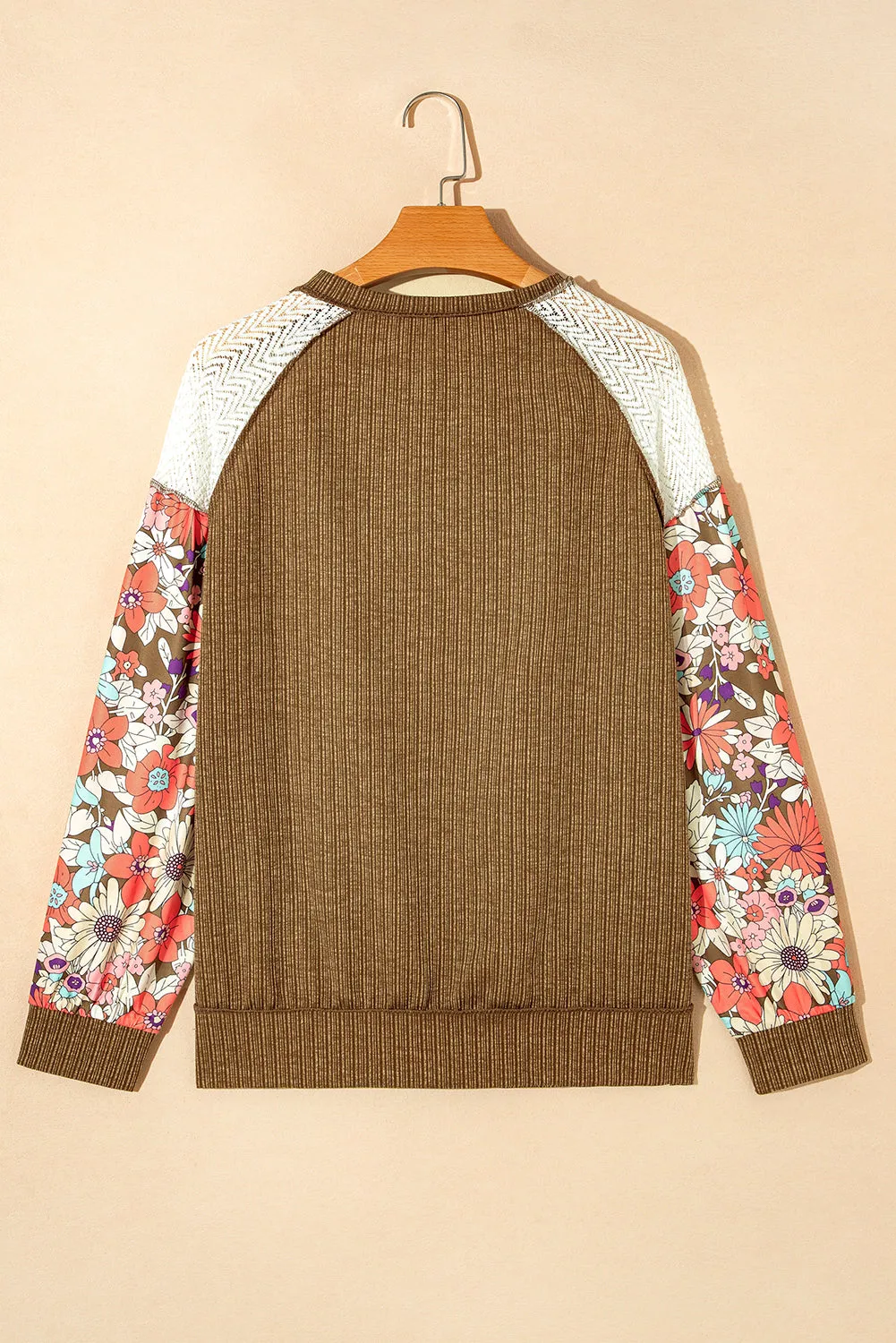 Brown Floral Patchwork Puff Sleeve Textured Blouse