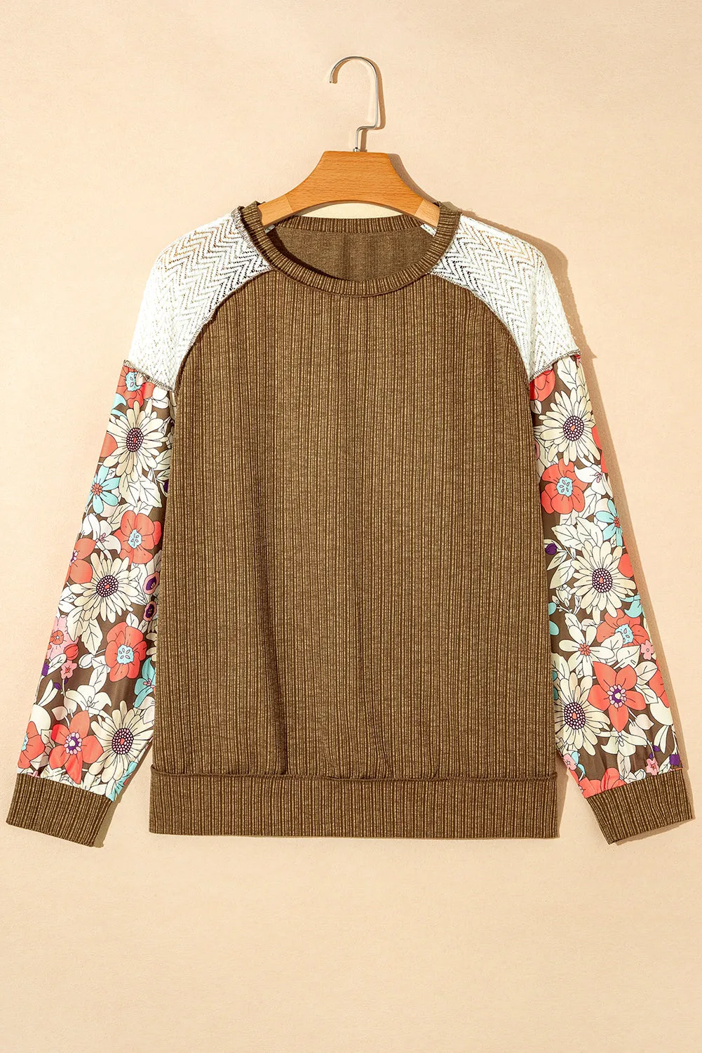 Brown Floral Patchwork Puff Sleeve Textured Blouse