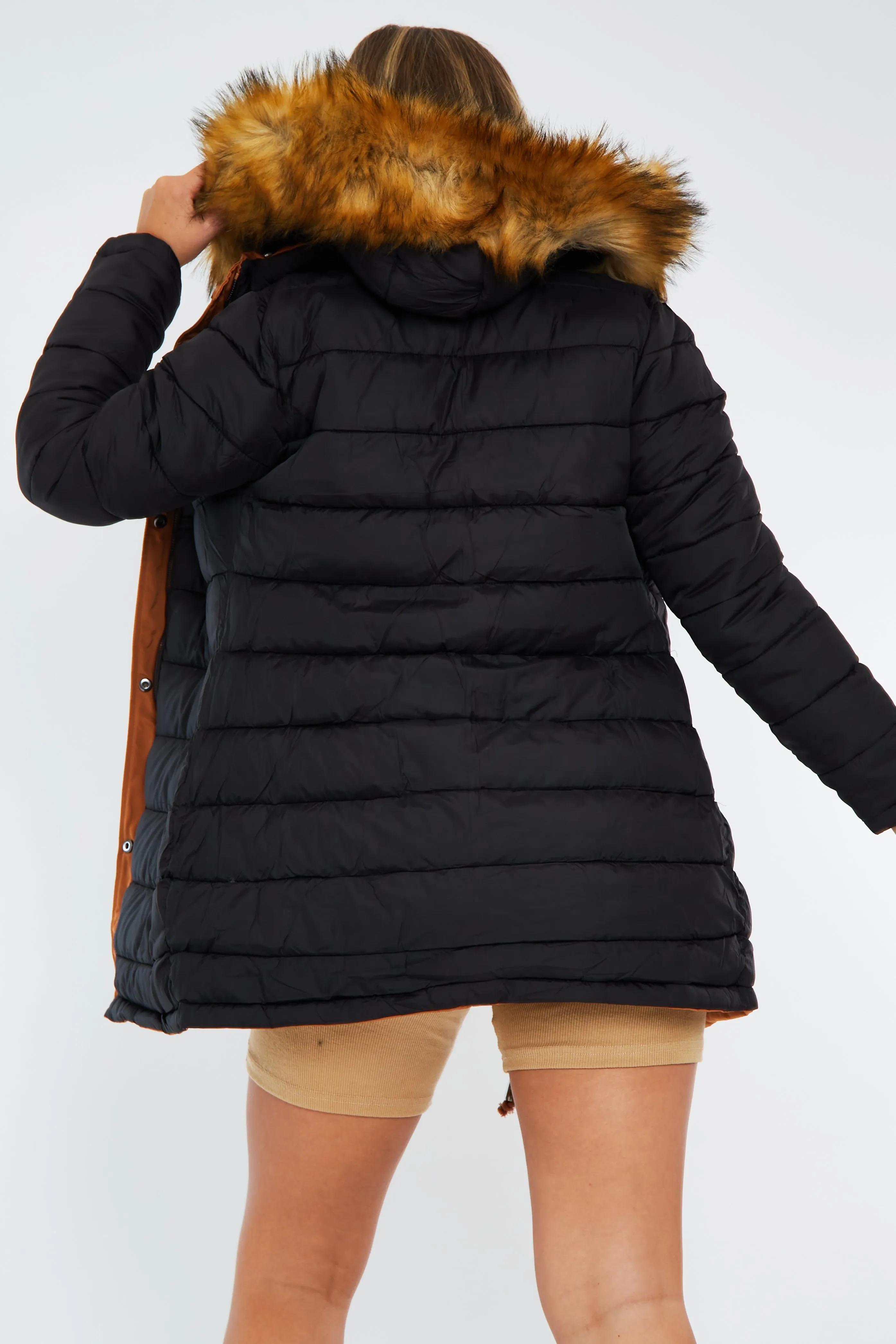 Camel Black Reversible Fur Hood Parka Jacket - Cambri