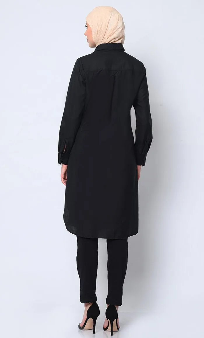 Classic  Black Shirt Tunic with Pocket Embroidery