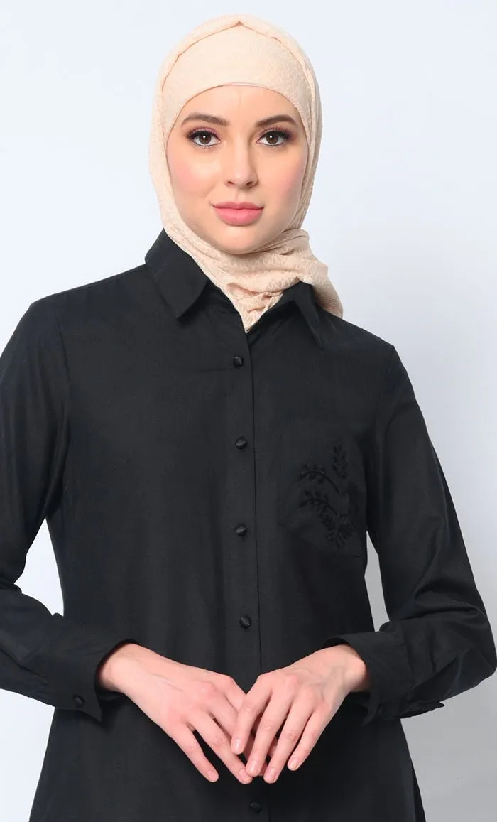 Classic  Black Shirt Tunic with Pocket Embroidery