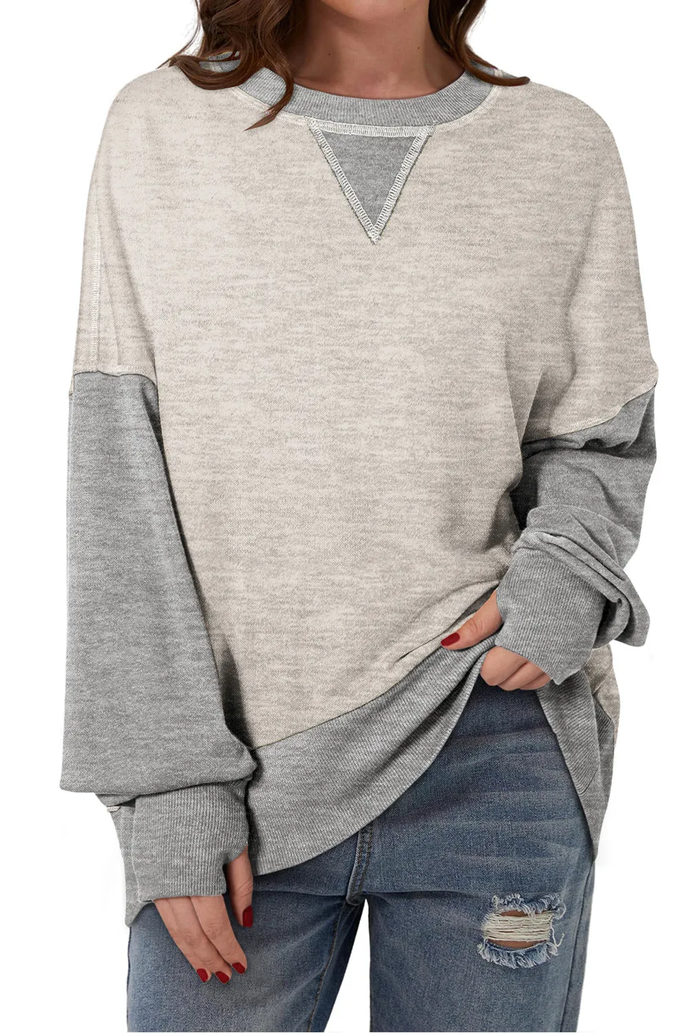 Color Block Thumbhole Sleeve Drop Shoulder Sweatshirt