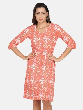 Cotton Printed A Line Dress - Orange & White