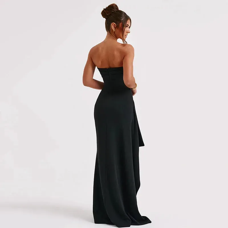 Cryptographic Off Shoulder Elegant High Rise Split Maxi Dress Club Outfits for Women Sexy Strapless Evening Dresses Ruched Gown