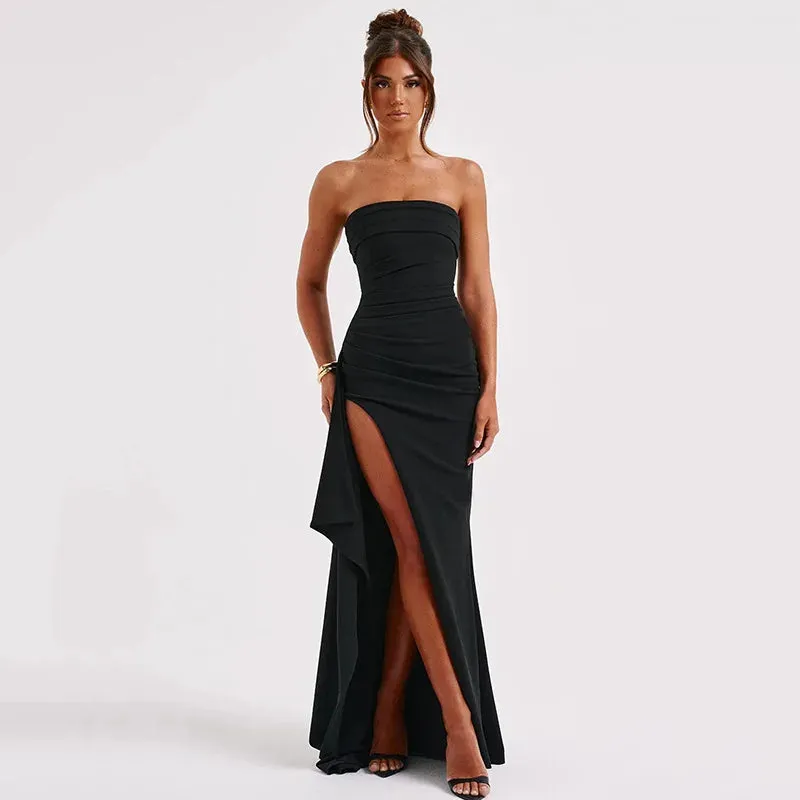 Cryptographic Off Shoulder Elegant High Rise Split Maxi Dress Club Outfits for Women Sexy Strapless Evening Dresses Ruched Gown