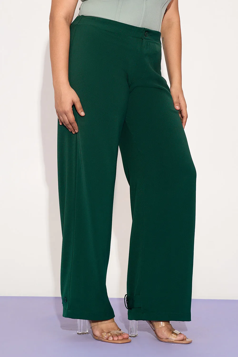 Dark Jade Curve Adjustable Hem Korean Pants