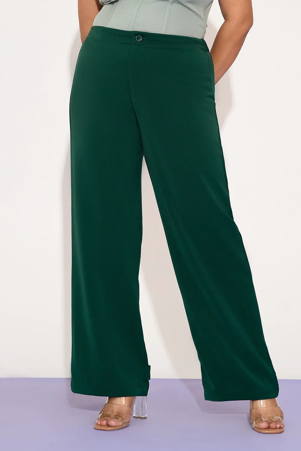 Dark Jade Curve Adjustable Hem Korean Pants