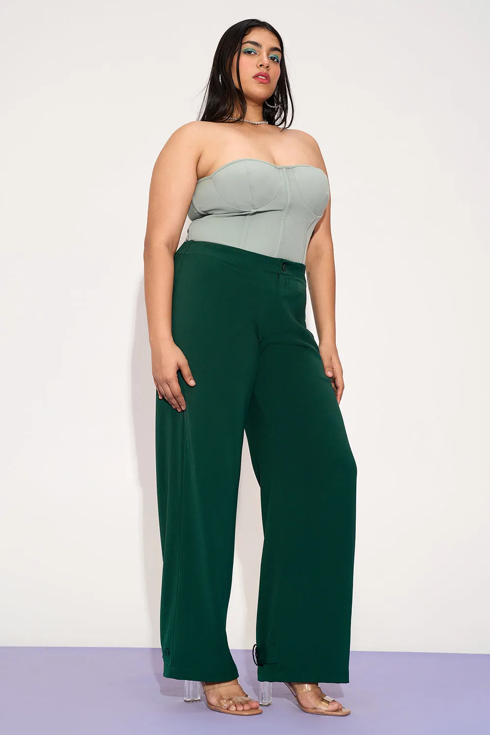 Dark Jade Curve Adjustable Hem Korean Pants