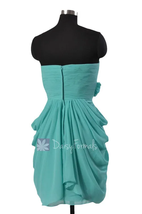 Delicate Chiffon Cocktail Dress Tiffany Blue Sweetheart Bridesmaid Dress w/ Flowers(BM332N)