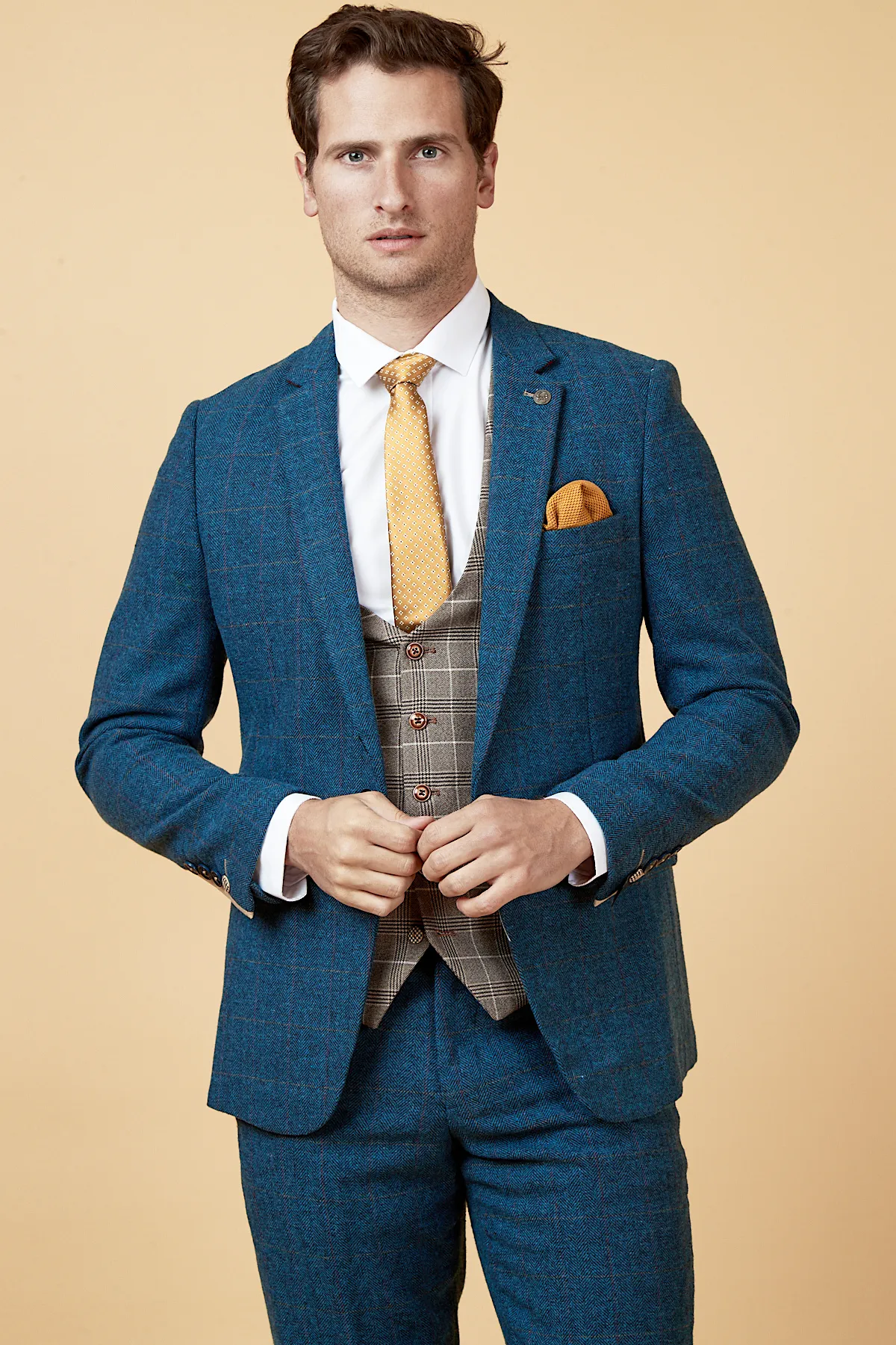 DION - Blue Tweed Suit With Ray Tan Check Waistcoat