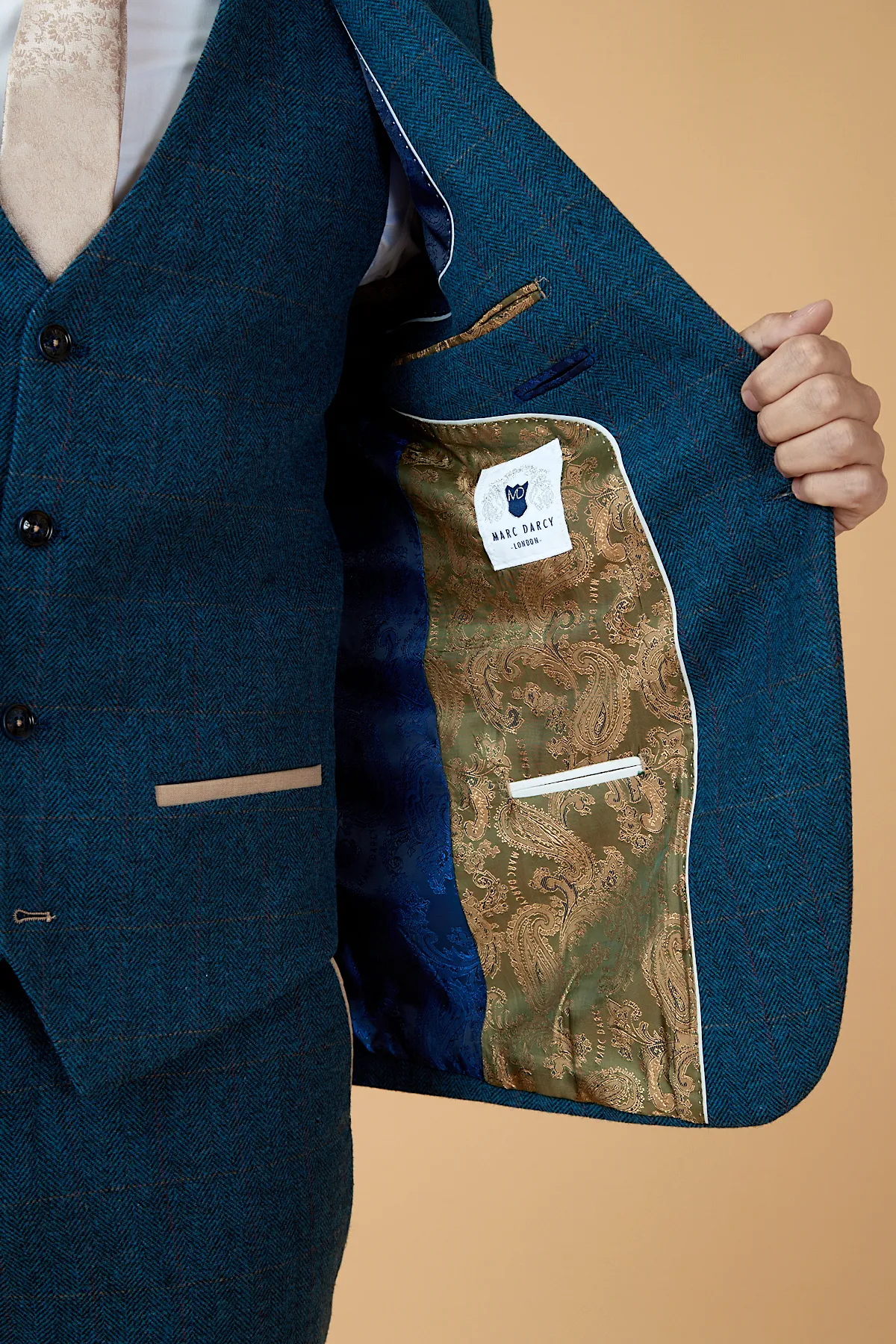 DION - Blue Tweed Suit With Ray Tan Check Waistcoat